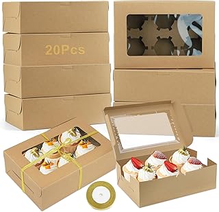 Honeueuen 20 x 6 Hole Cupcake Boxes with Clear Window, Cake Box with Adjustable Insert Cupcake Carrier for Cupcakes, Cookies, Muffins, Pastries and Donuts, Kraft