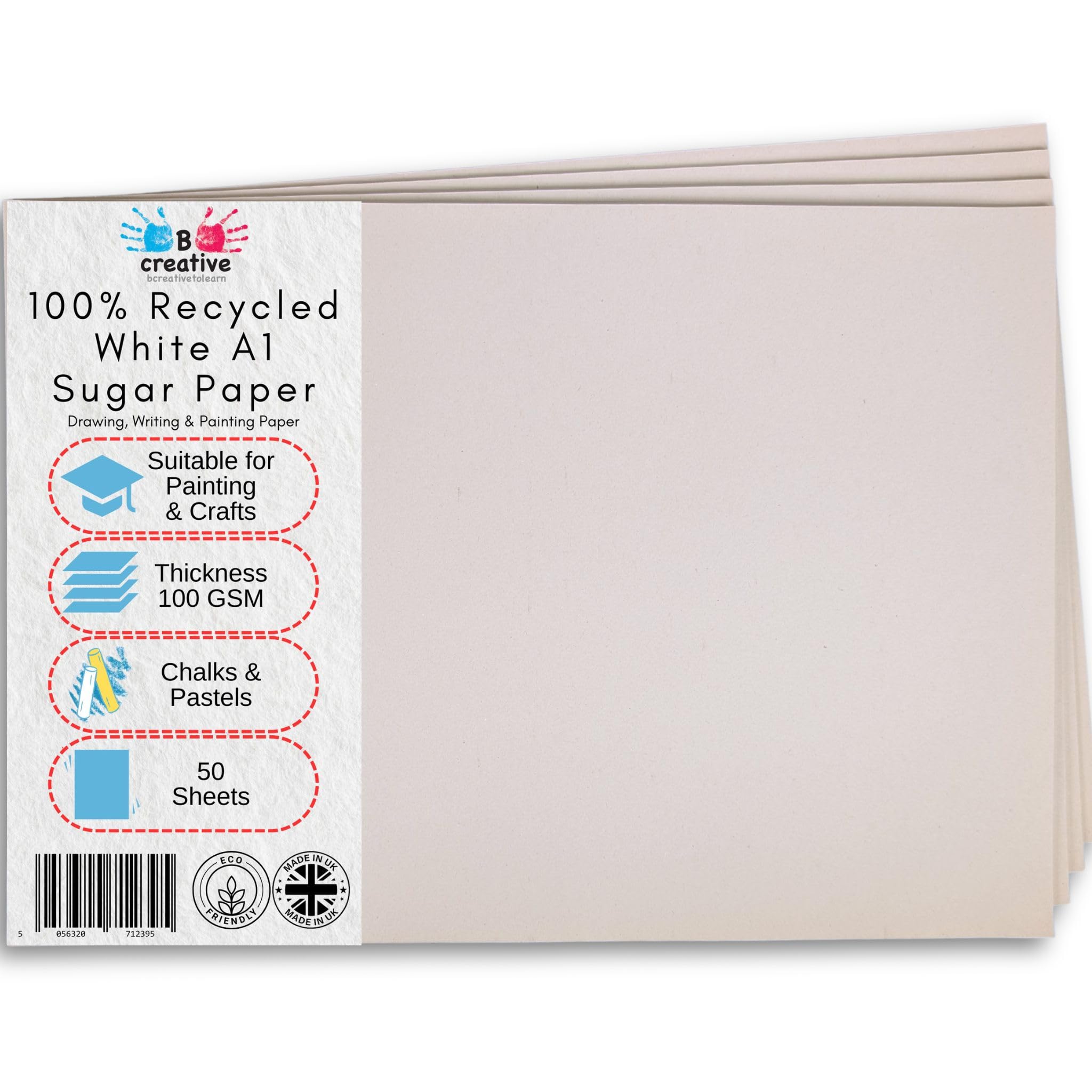 Be Creative A1 White Sugar Paper 100gsm 50 Sheets 84.1 x 59.4 cm – Recycled Paper for Drawing, Arts, Crafts & Classroom Use