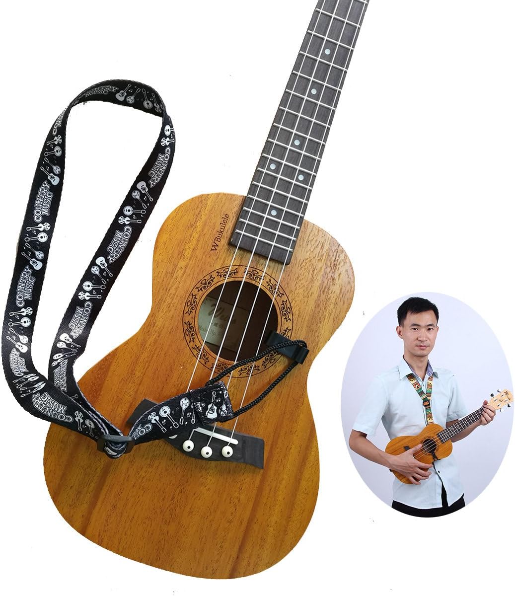 Jiuxun Ukulele Strap for Children Adjustable Neck Strap in Various Length & Style Belt for Clip on Soprano Concert Tenor Ukulele (Country Style -Black)