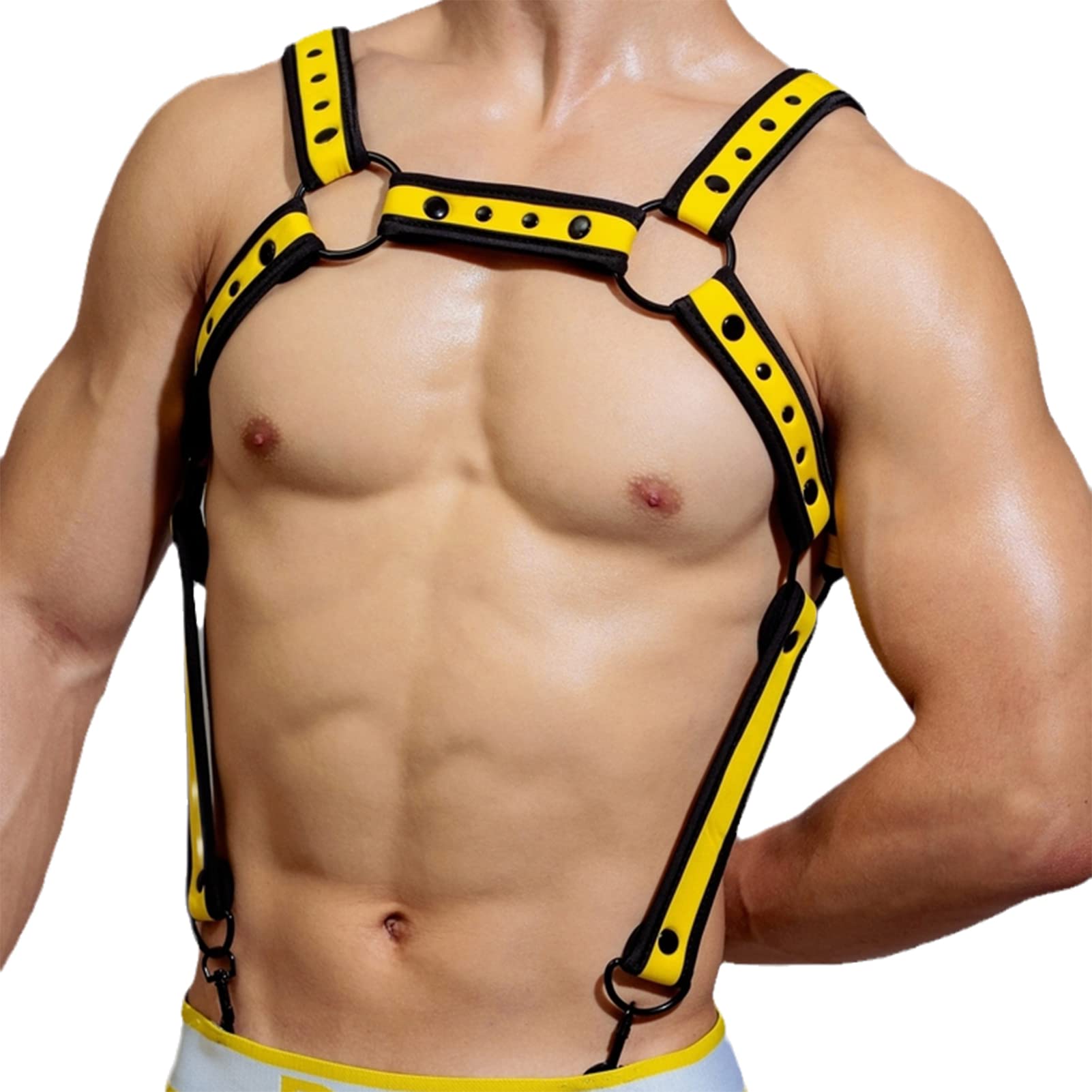 Herren Body Brust Harness Leder-Optik Riemen Geschirr Punk Gürtel Mit Kontrastfarbenem Besatz, Doppelte Schultergurte Einstellbar Schnalle Toll Mit String(One Size, Yellow)