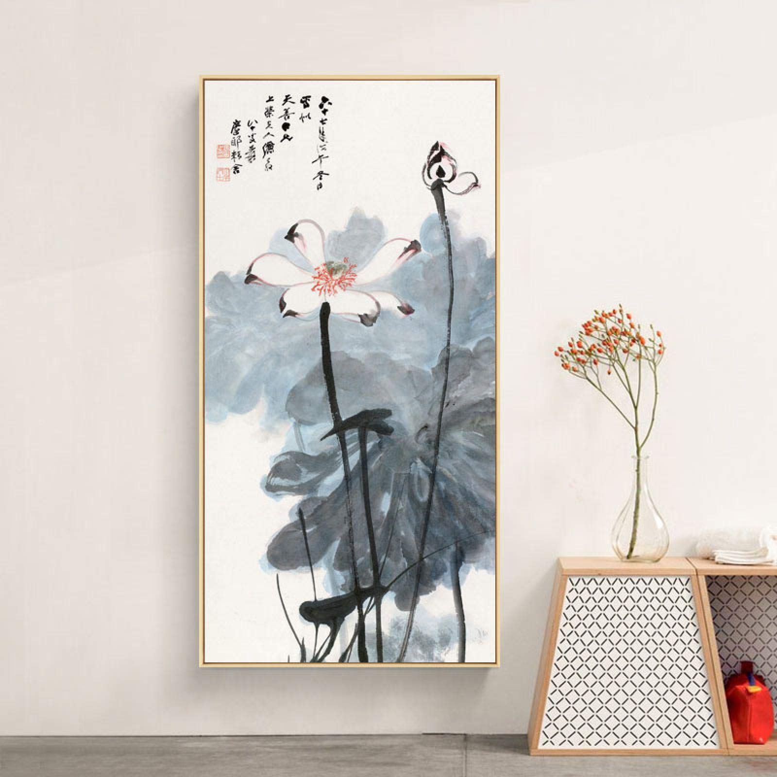 Impresiones de carteles Loto chino Arte de la pared abstracto Pinturas en lienzo Estirada y enmarcada Imagen artística para la decoración del hogar 45x90cm marco interior