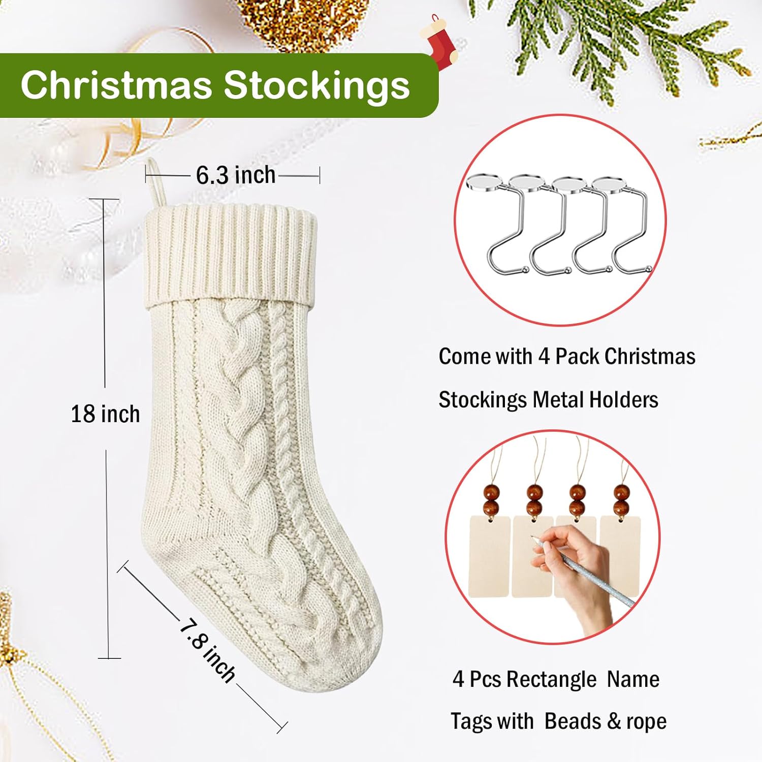 4 Pack Christmas Stockings with Metal Holders & Name Tags, 18 Inches Large Personalized Cable Knitted Stockings Xmas Hanging Stocking Decorations for Family Holiday Christmas Decor, Pink, Ivory