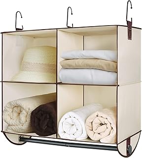 StorageWorks Hanging Closet Organizer with Garment Rod, 4 Section Closet Hanging Shelves, Ivory, Canvas, 12 ¼" D x 24 ½" W...