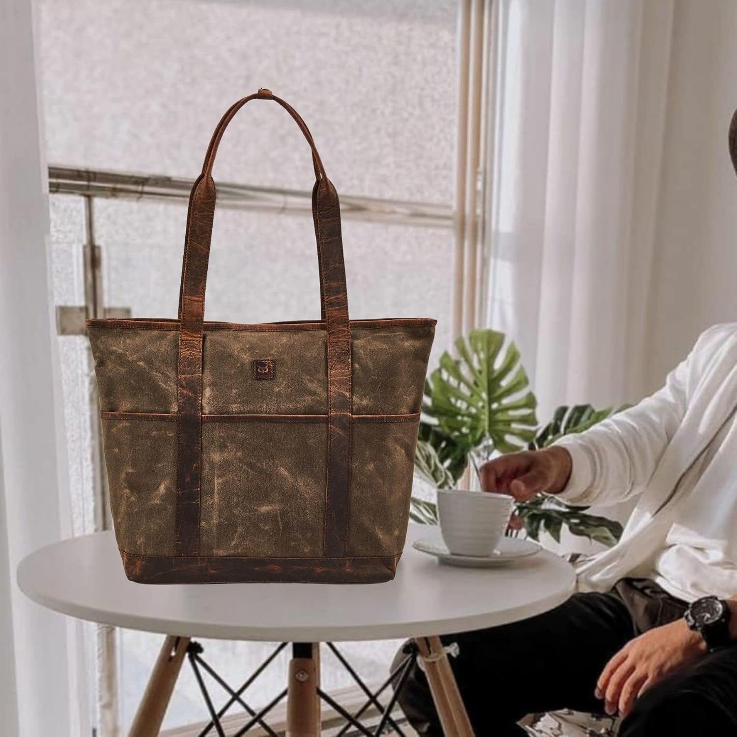 Tote Bag for Women Real Leather Shoulder Handbag Organizer Water Repellent Waxed Canvas - Image 2