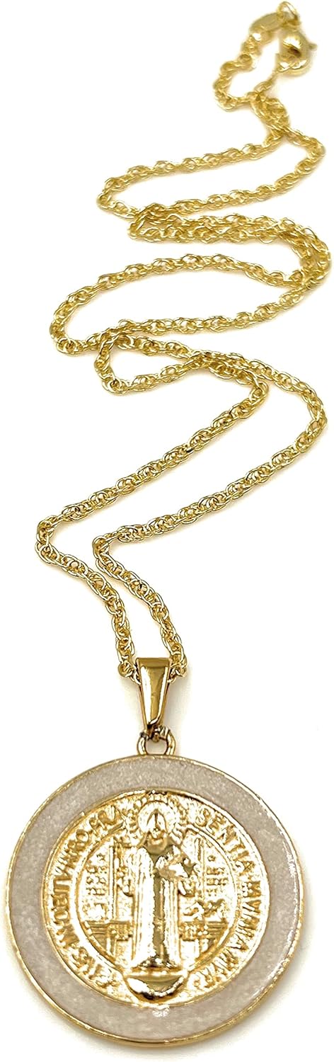 LESLIE BOULES Gold San Benito White Pendant Necklace 18K Plated Chain Protection Jewelry