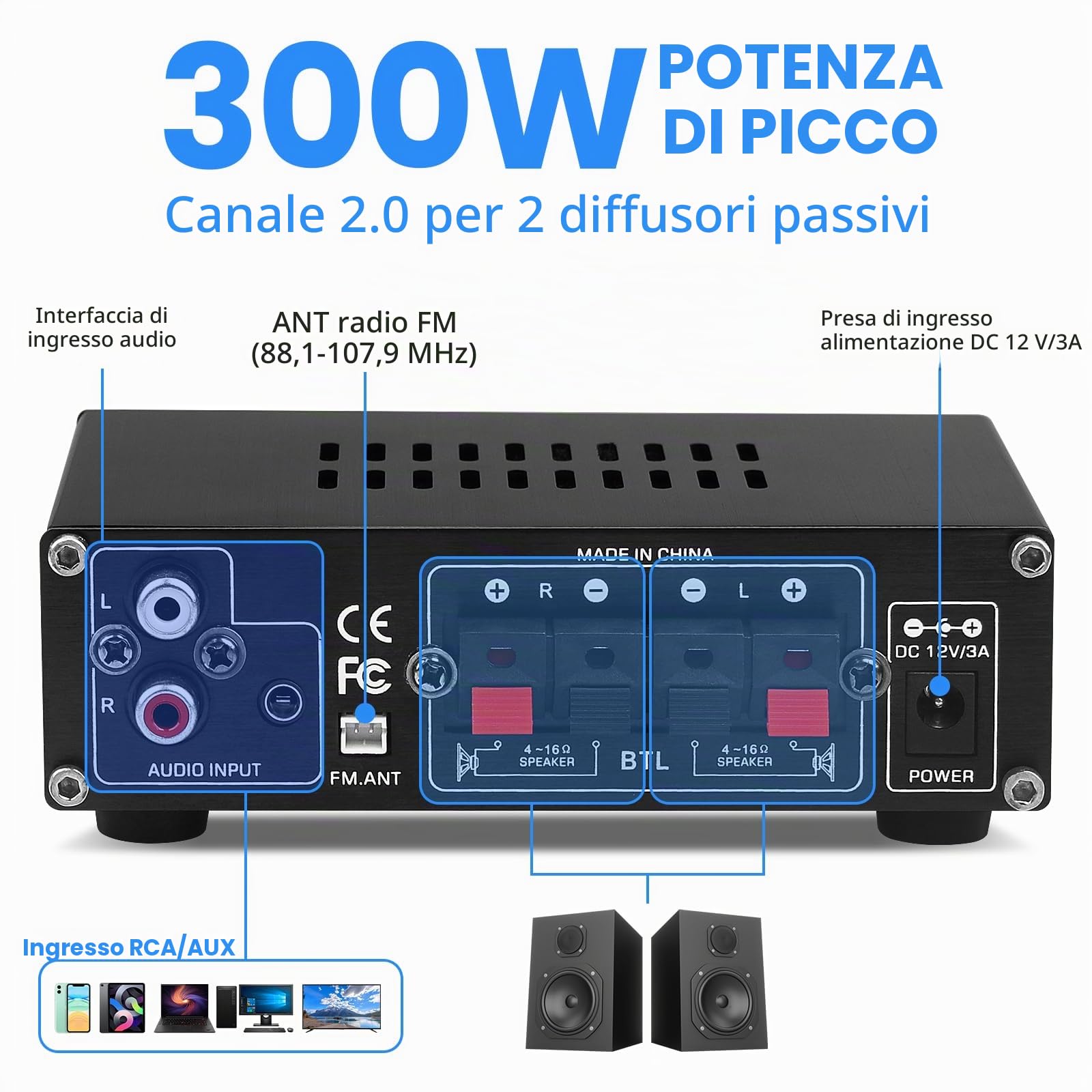 Amplificatore HiFi Bluetooth AS-22 Mini Amplificatore Audio Stereo 2.0 Canali 40W x 2 Classe D Ricevitore Amplificatore di Potenza Digitale con Ingresso BT AUX USB, DC 12V/5A