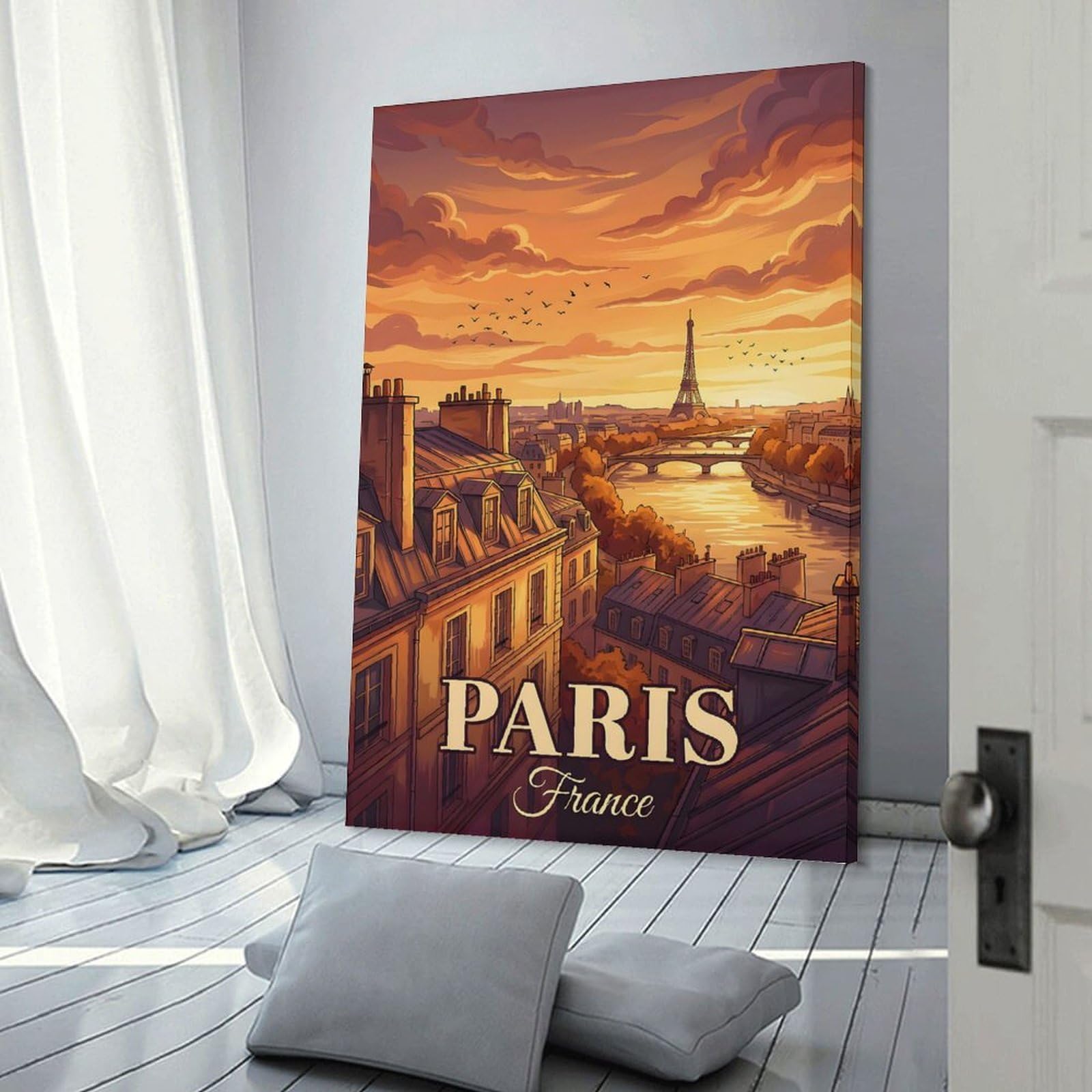 Junmoney Paris Skyline at Sunset Decorative Canvas Print, 12x18inch(30x45cm), for Hallway, Bedroom Or Modern Interiors, Gift Idea for Housewarming And Birthdays