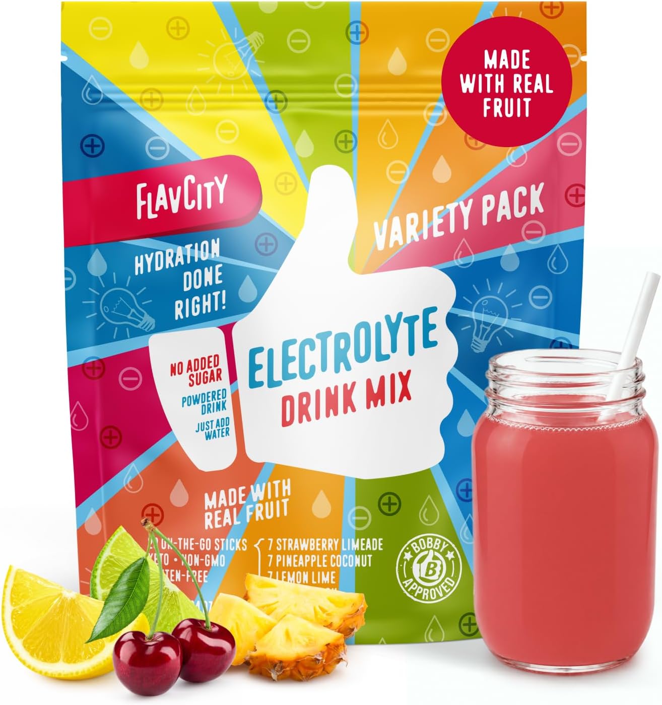 FlavCity Electrolytes Powder Packets - 28 Hydration Packets, Variety Pack - No Added Sugar - Hydration Powder with Real Fruit & Unrefined Sea Salt - Keto & Gluten-Free (28 Stick Packs)