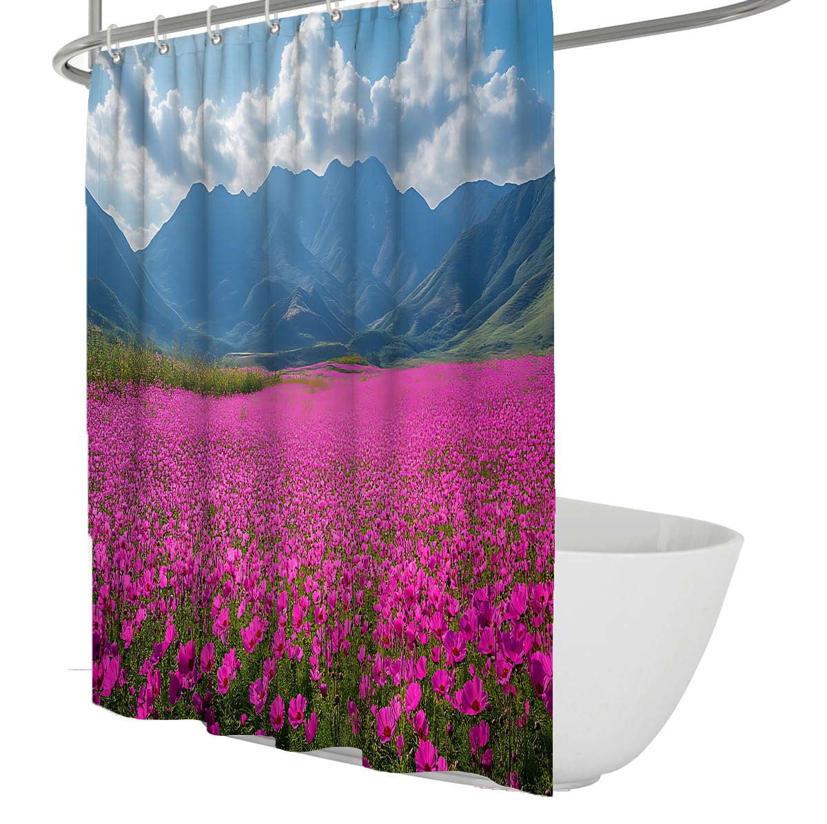Rideau Douche Paysage Montagne Champ Fleurs Roses W180xL200 cm