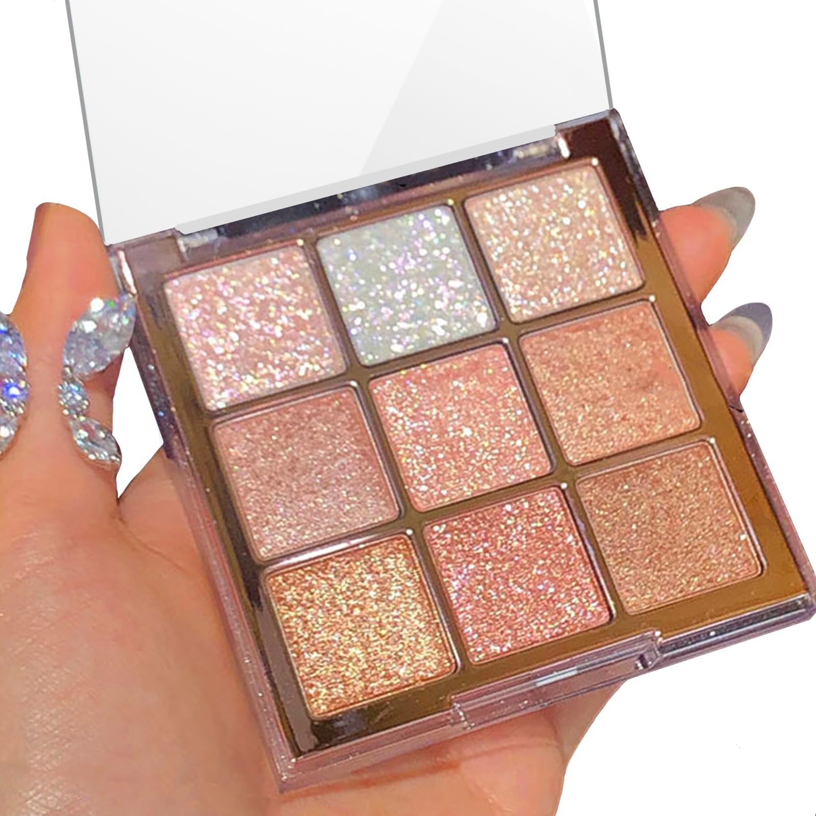 Shimmer Eyeshadow Palette for Women, 9 Colors Glitter Eye Shadow Pallets, Gold, White, Pink Highly Pigmented Glitter Eye Make-Up Palettes, Waterproof Eye Shadow Palette for Girls Make Up Gift