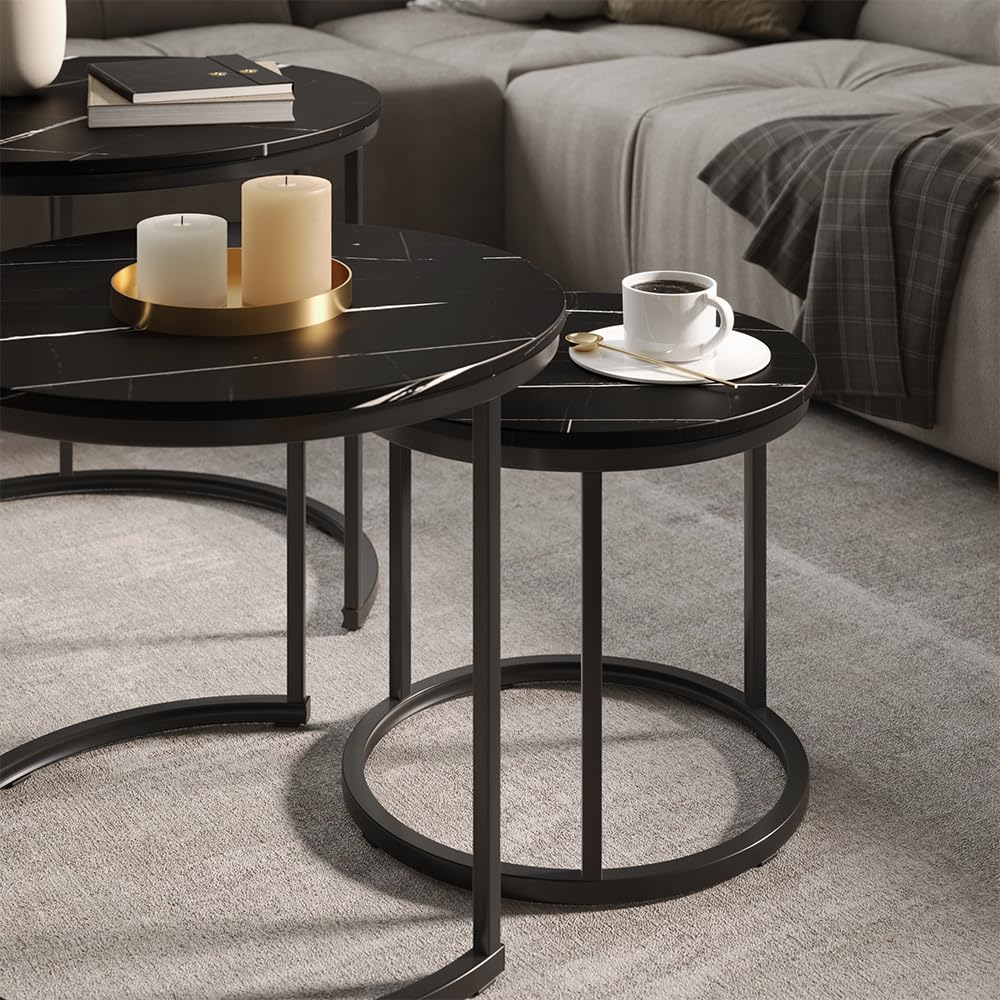Vicco Set di tavolini da caffè Montreal, Marmo nero, 55 x 55 cm 3 parti, salvaspazio, pieghevole e combinabile in modo versatile