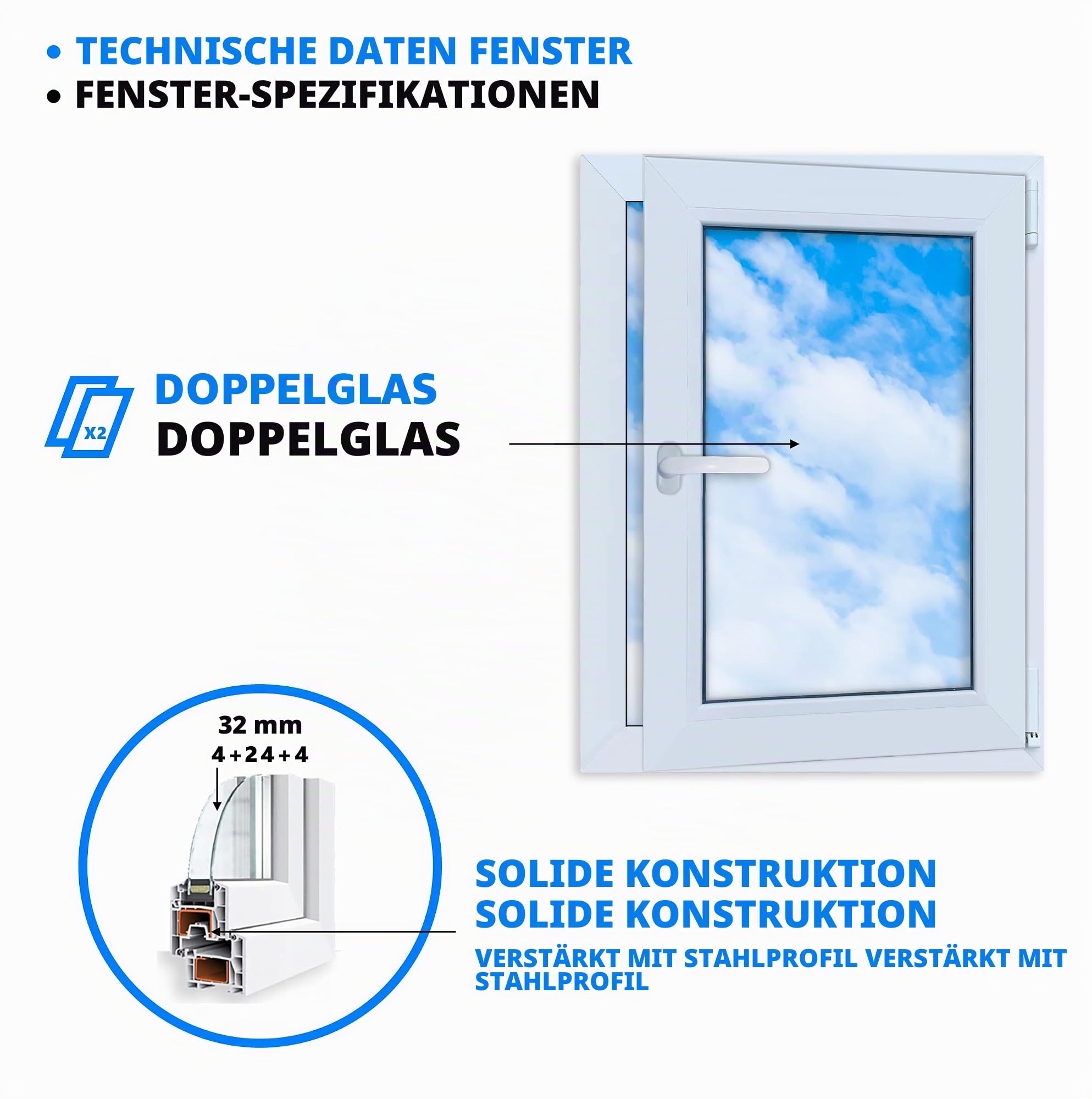 LORAC | Kunststofffenster weiß 600x800mm, 60x80cm, PCV, DIN Rechts, kippbar & ausstellbar, 2-fach Verglasung, energiesparend – Fenster mit CE-Zertifikat für Keller und Wohnung