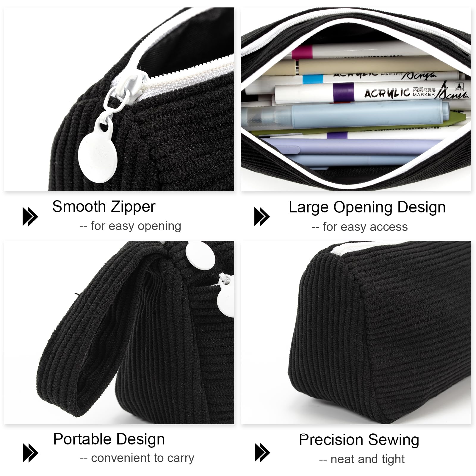 Vinuwu Pencil Case Corduroy Cute Pencil Pouch Aesthetic Pencilcase with Practical Zip Makeup Bag Stationery Pouch for School Teenage Boys Girls (Black) - Image 3