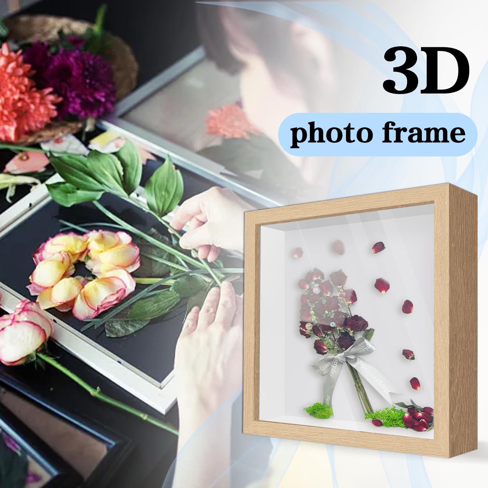 Cadre Photo 3D Profond 20x20 Cm - Boîte Vitrée Pour Souvenirs, Fleurs Séchées, Médailles - Design Blanc, Décoration Murale Ou Bureau