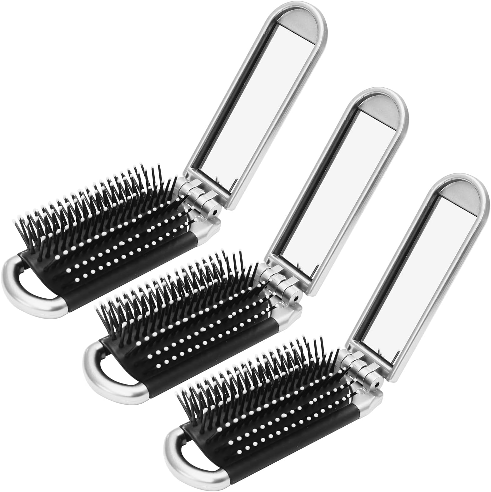 3 Pack Folding Travel Hair Brush with Mirror, Mini Foldable Hairbrush, Portable Pocket Comb with Mirror for Women Girls - Compact Design, Perfect for Travel, Purse, Gym Use - Silver