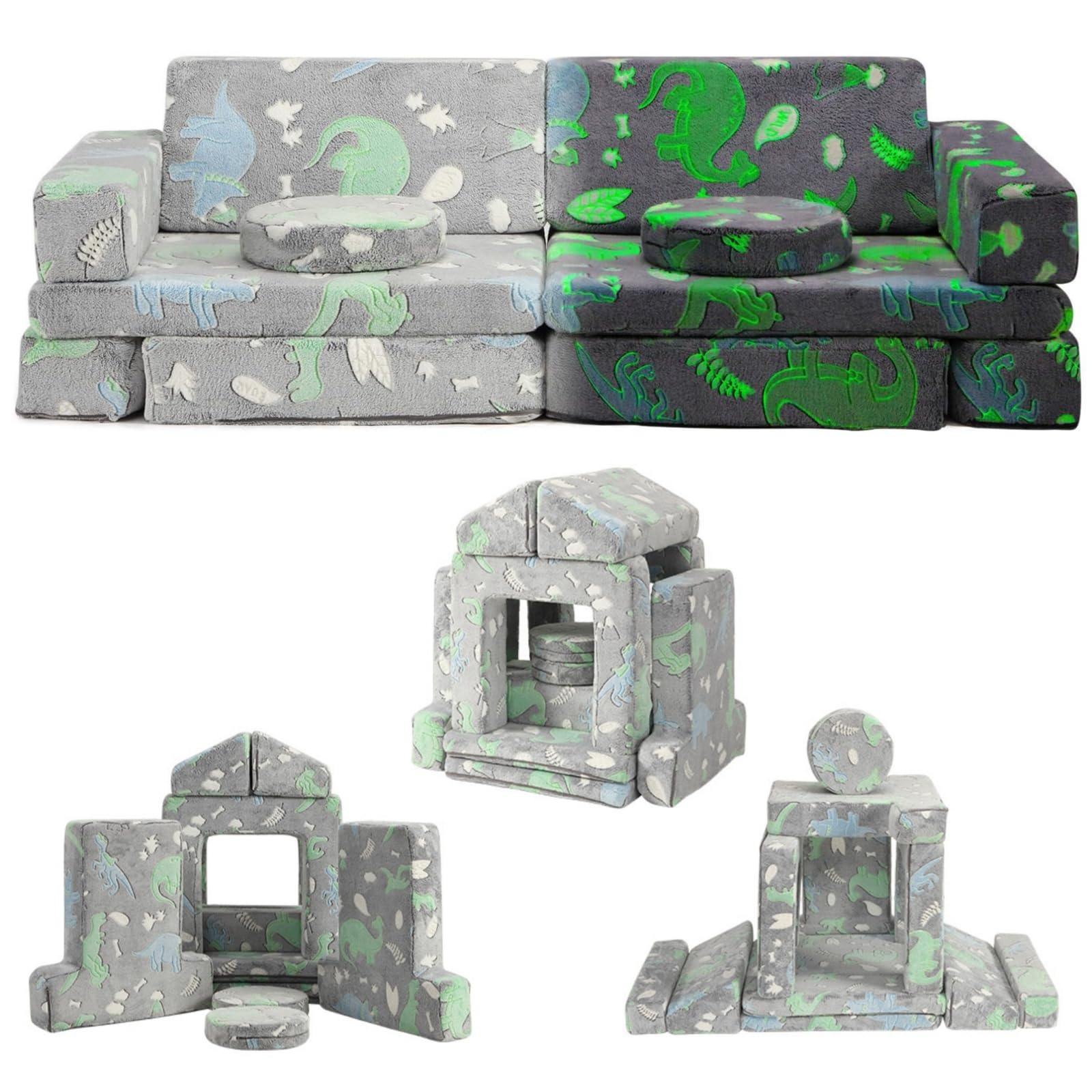 Kids Couch Sofa 12 Pcs Modular Dinosaur Glow in The Dark, Playroom Bedroom Furniture, Convertible Fold Out Foam Couch for Boys and Girls, Grey
