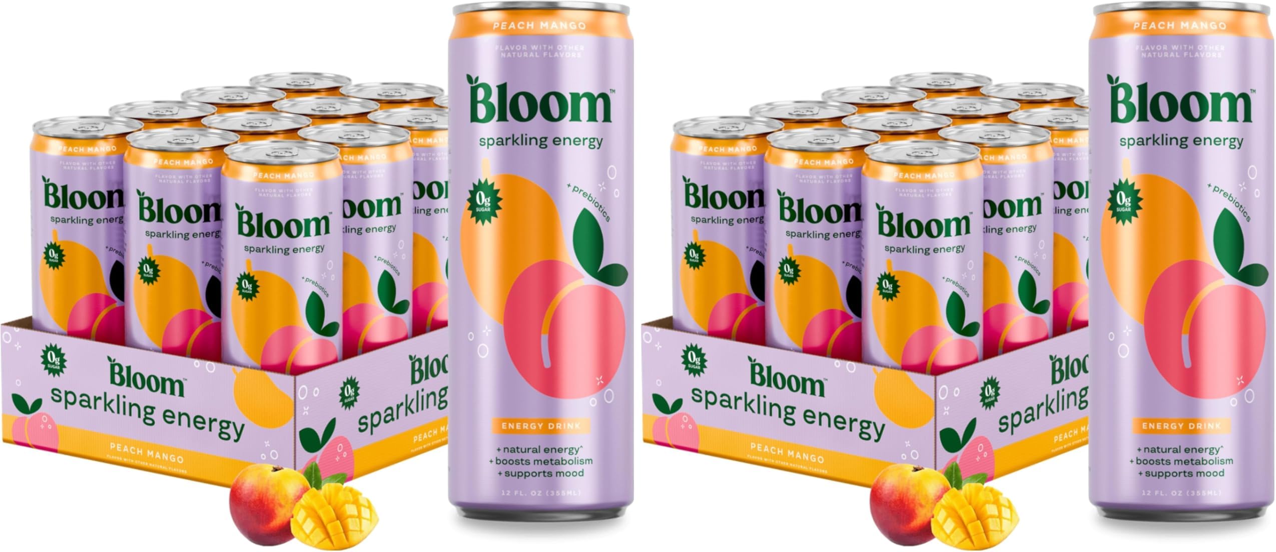 Bloom Nutrition Sparkling Energy Drink, Peach Mango | Zero Sugar | 180mg Caffeine | For Focus | 24 Pack