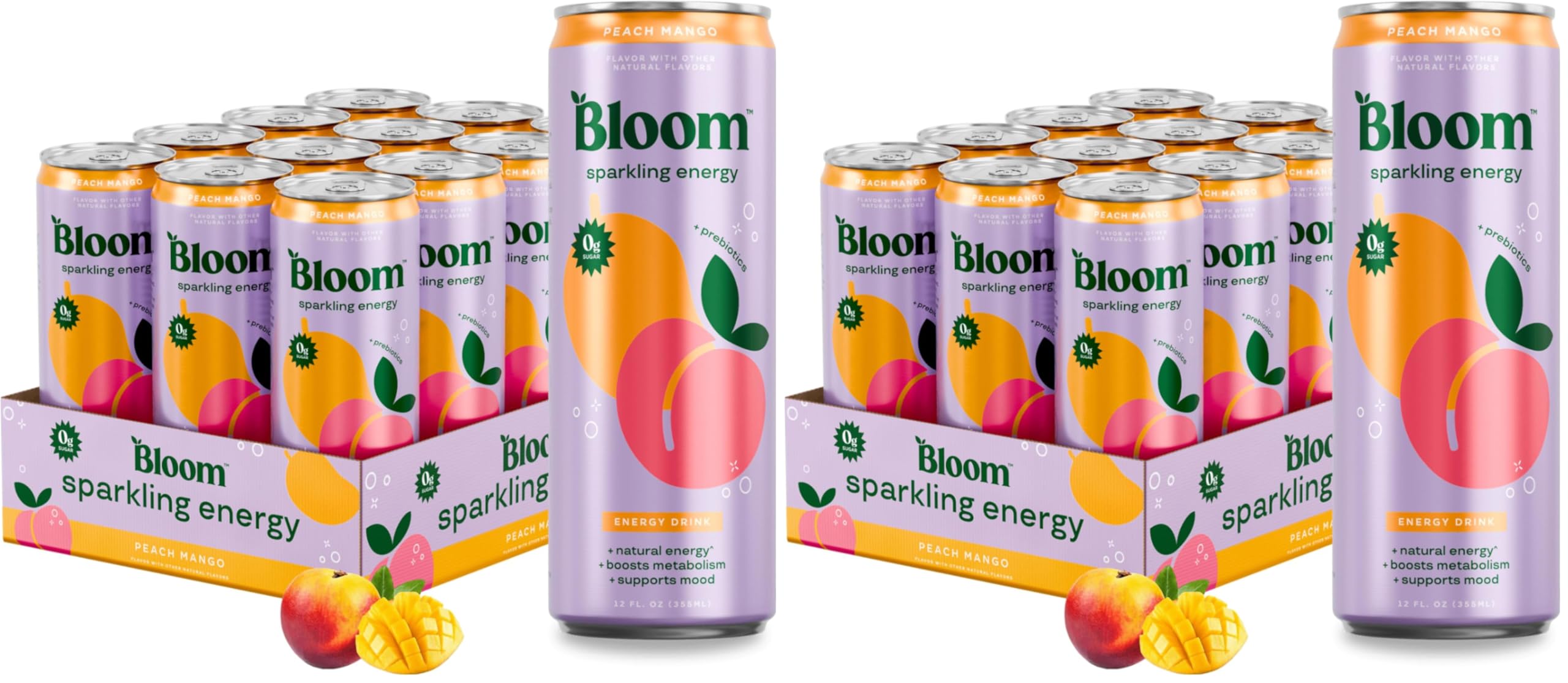 Bloom Nutrition Sparkling Energy Drink, Peach Mango | Zero Sugar | 180mg Caffeine | For Focus | 24 Pack