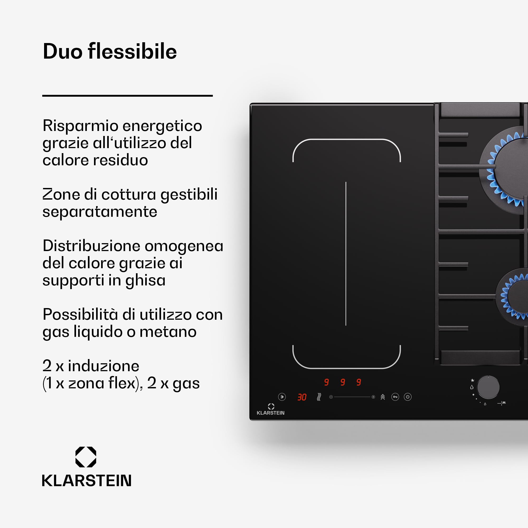 Klarstein MultiChef 4 - Piano Cottura A Induzione E Gas, 4 Zone, 2 Gas & 2 Induzione, Flexzone, Controllo Con Cursore, Stop&Go, Timer, Nero, 58,5 Cm, Design Compatto