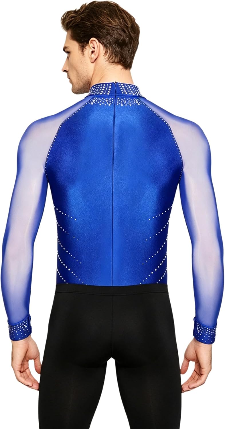 Men Figure Skating Leotard Sparkly Rhinestones Long Sleeve Latin Salsa Dance Performance Shirt