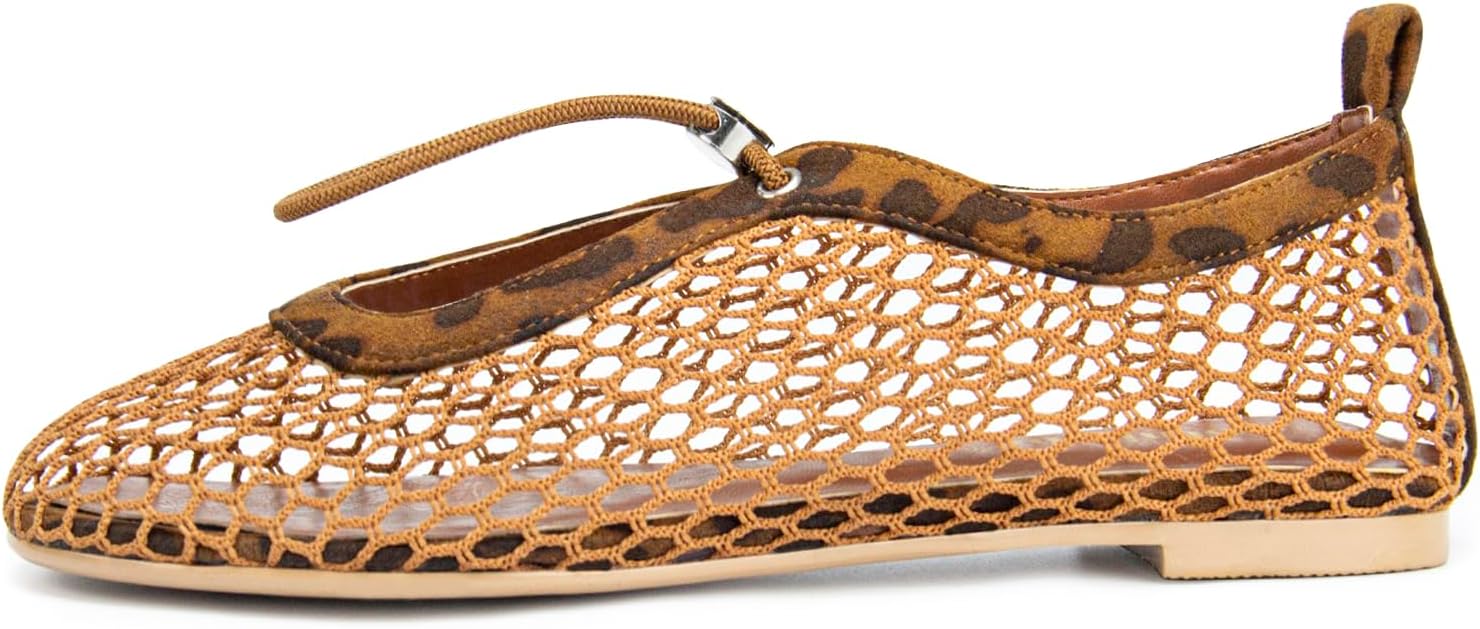 Mesh Ballet Flats for Women Round Toe Fishnet Ballerina Flats Buckle Strap Casual Comfortable Office Mary Jane Flat Shoes