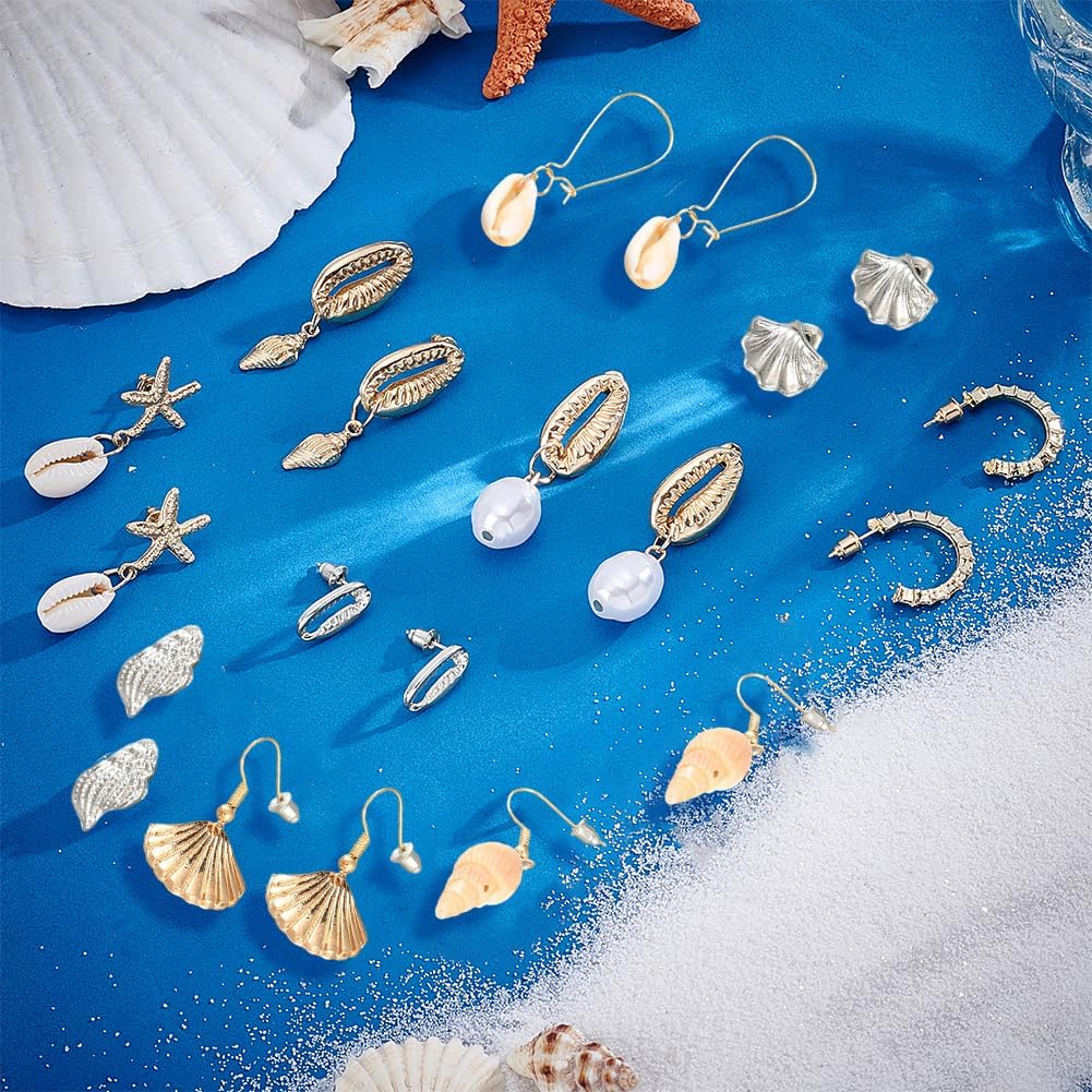 PH PandaHall 9 Pairs Seashell Earrings Starfish Golden Ocean Earrings Set Jewellery for Women Beach Party Vacation Summer Themed Pendant Ear Studs 0.55~2.1 Inch - Image 2