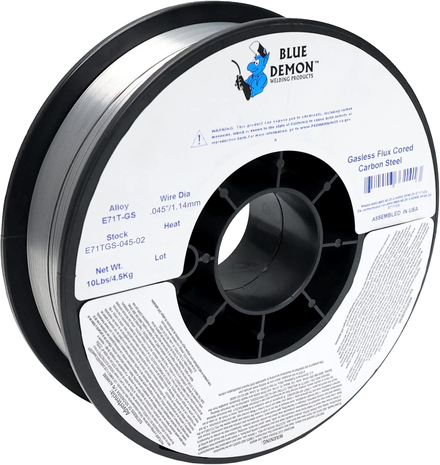 Blue Demon E71TGS X .045” X 10 LB MIG/GMAW Gasless Flux Core Carbon Steel Welding Wire, All Position, Easy Slag Removal, Formulated to Provide Porosity-Free, X-Ray Quality Welds