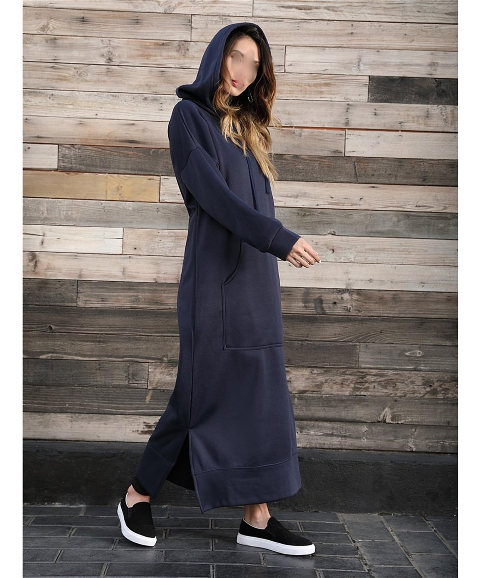 Damska bluza maxi, sukienka zimowa, jesień, luźna, jednokolorowa, z długim rękawem, polarowa, z kieszenią kangurką.