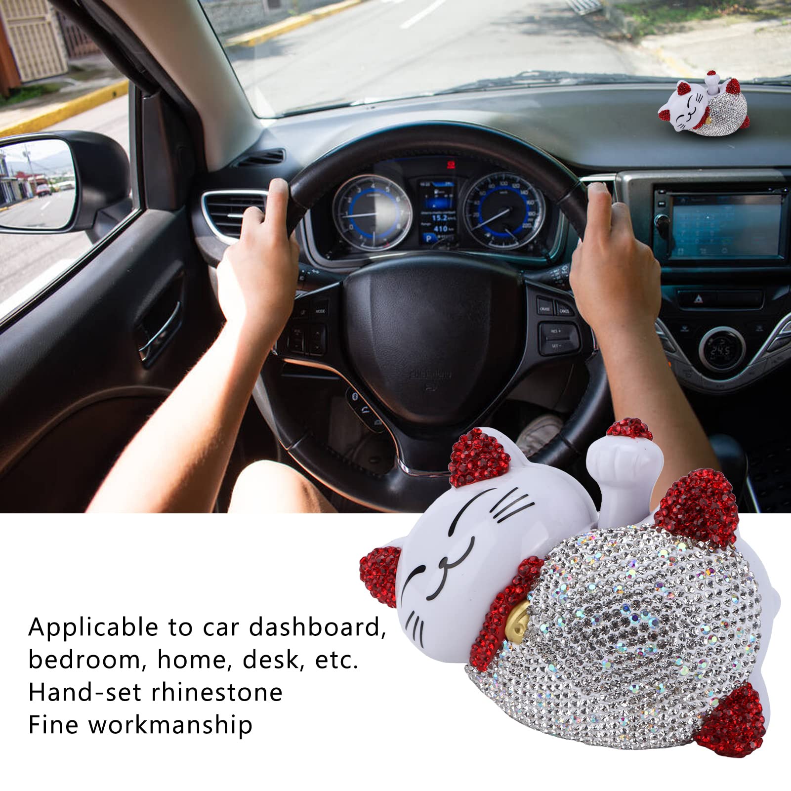 Décoration Voiture Chat Porte-Bonheur En Strass - Pour Tableau De Bord Ou Console - Figurine Mignonne - 7