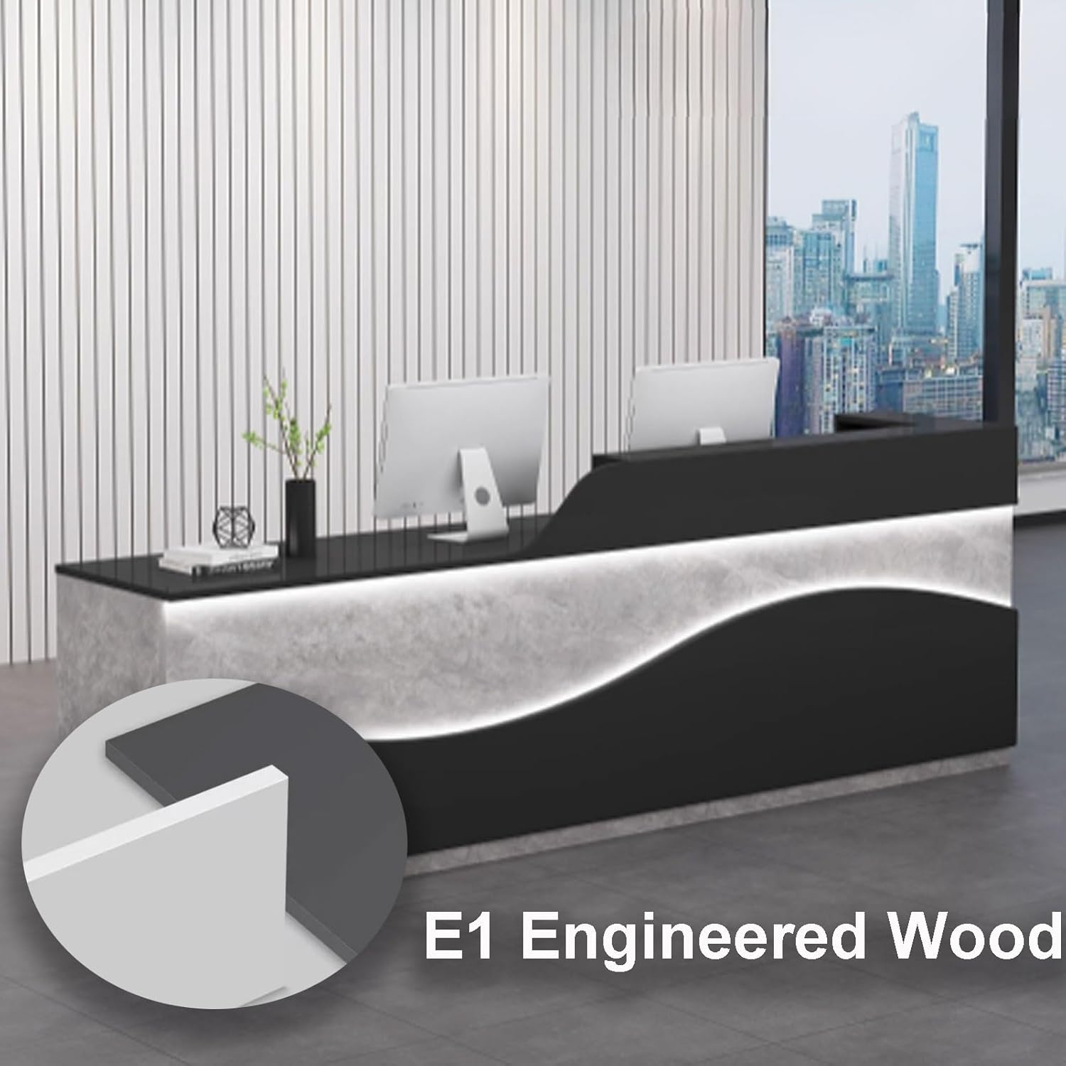 Modern Reception Desk, Front Desk Reception Counter, Office Counter Table, Receptionist Desk with Counter with Light Strips for Supermarkets, Clothing Stores(White+Brown Grain,1m)