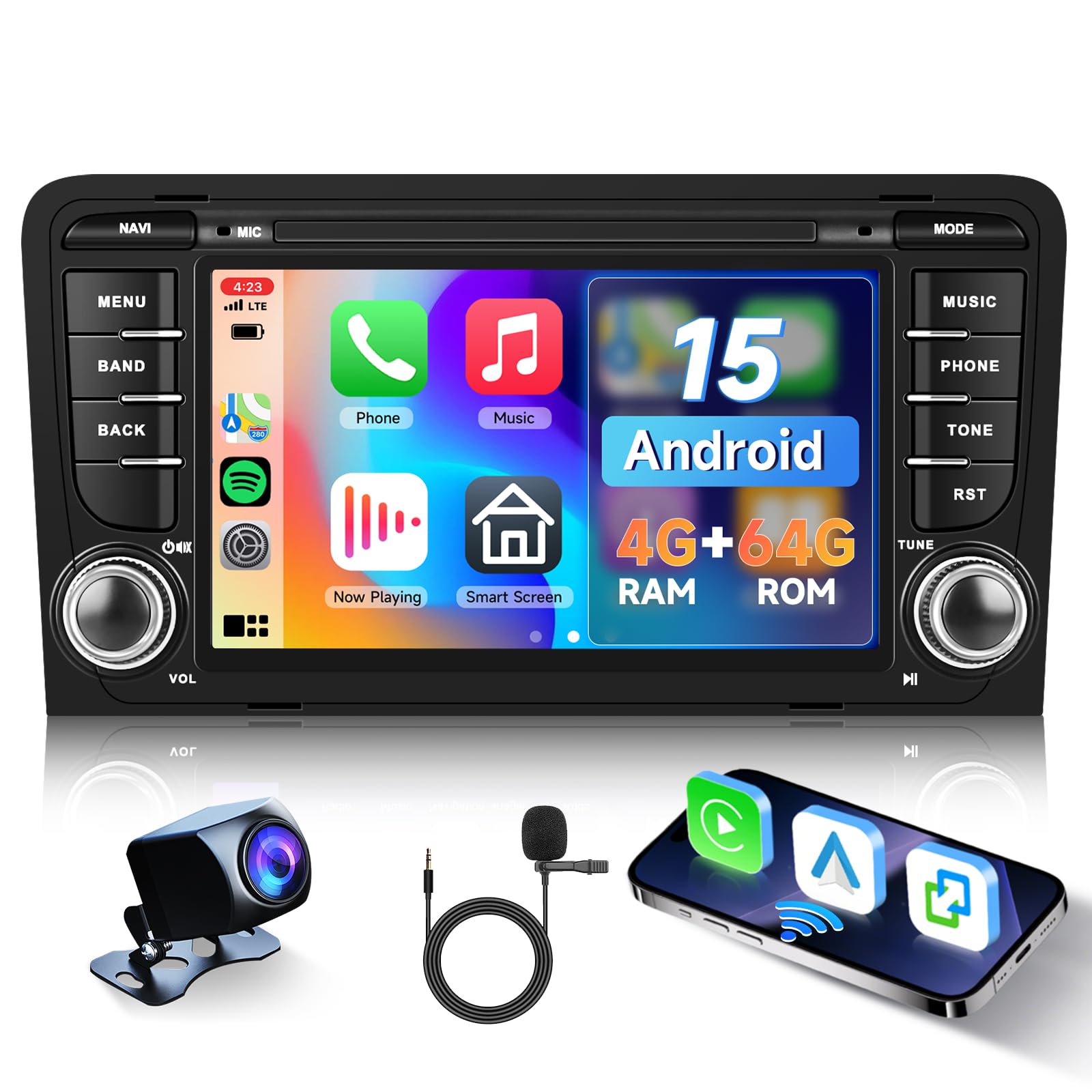 Hodozzy 4G+64G Radio para Audi A3 8P RS3 S3 2003-2012 con Carplay Android Auto Inalámbrico, Android 2 DIN Pantalla Táctil 7 Pulgadas para Audi A3 con GPS Bluetooth WiFi DSP Radio FM/RDS Canbus Cámara