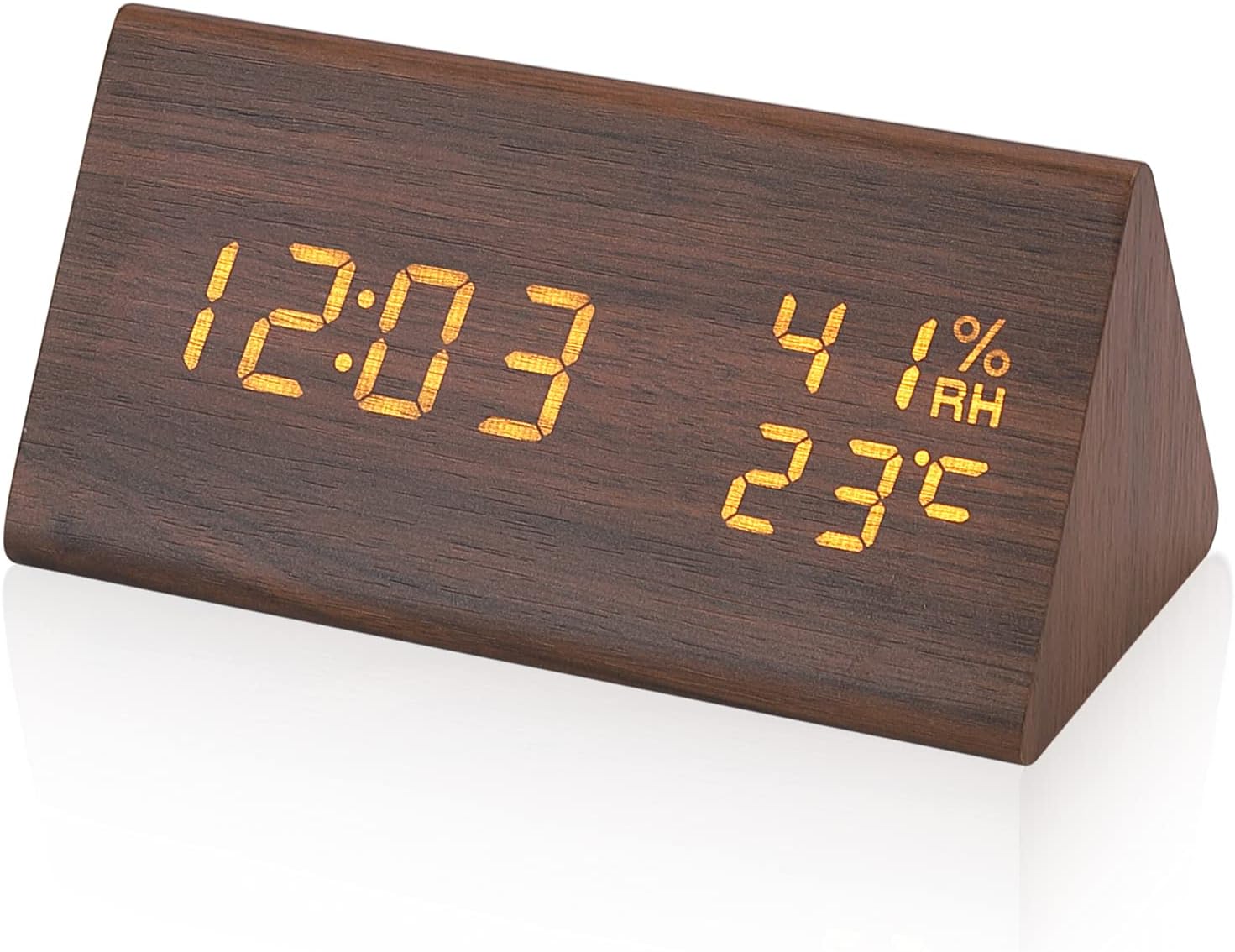 Electime Digital Alarm Clock Wooden Clock LED Time Display 3 Alarm Settings Humidity & Temperature Detect with USB Charger Electric Clocks for Bedroom, Bedside ,Desk, Office, Kids and Families (Brown)