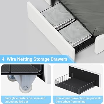 DICTAC Queen Bed Frame with 4 Storage Drawers and LED Lights, Faux Leather Upholstered Platform Bed Frame Queen Size with USB Ports & Adjustable LED Headboard, No Box Spring Needed, Noise Free, White