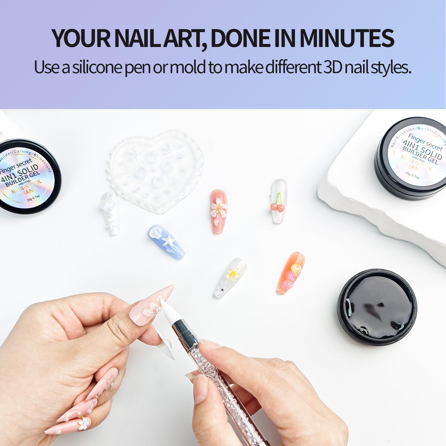 3D Gel Nail Art Kit-Solid Builder Gel for Nails 3D Sculpting Carving Building Modeling Hard Extension for Beginner DIY Salon at Home Cured Needed