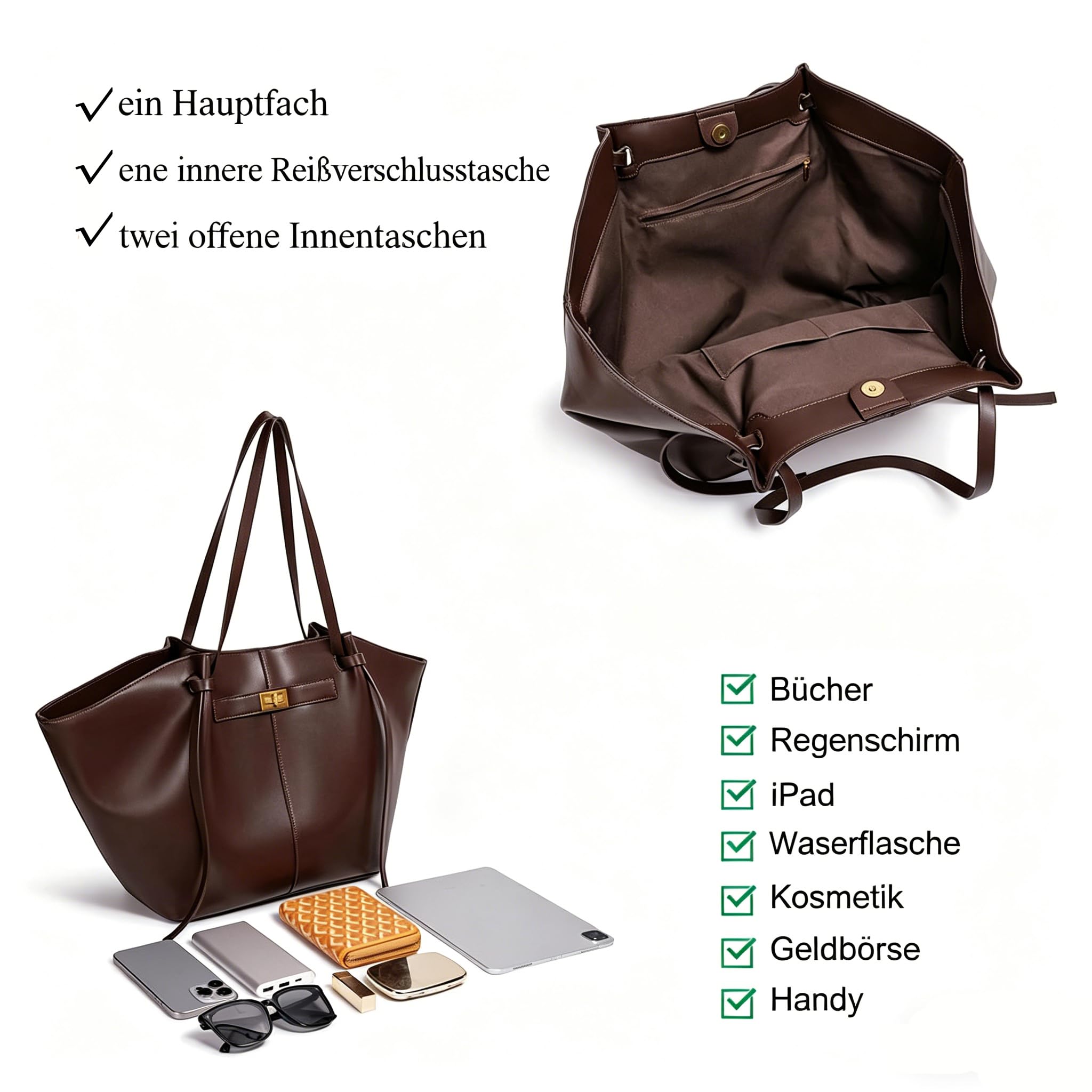 Tote Bag Damen Groß, Shopper Tasche mit Abnehmbarem Schultergurt, Braune Handtasche Vintage, Ledertaschen für Arbeit, Schule, Uni, Reisen und Einkauf