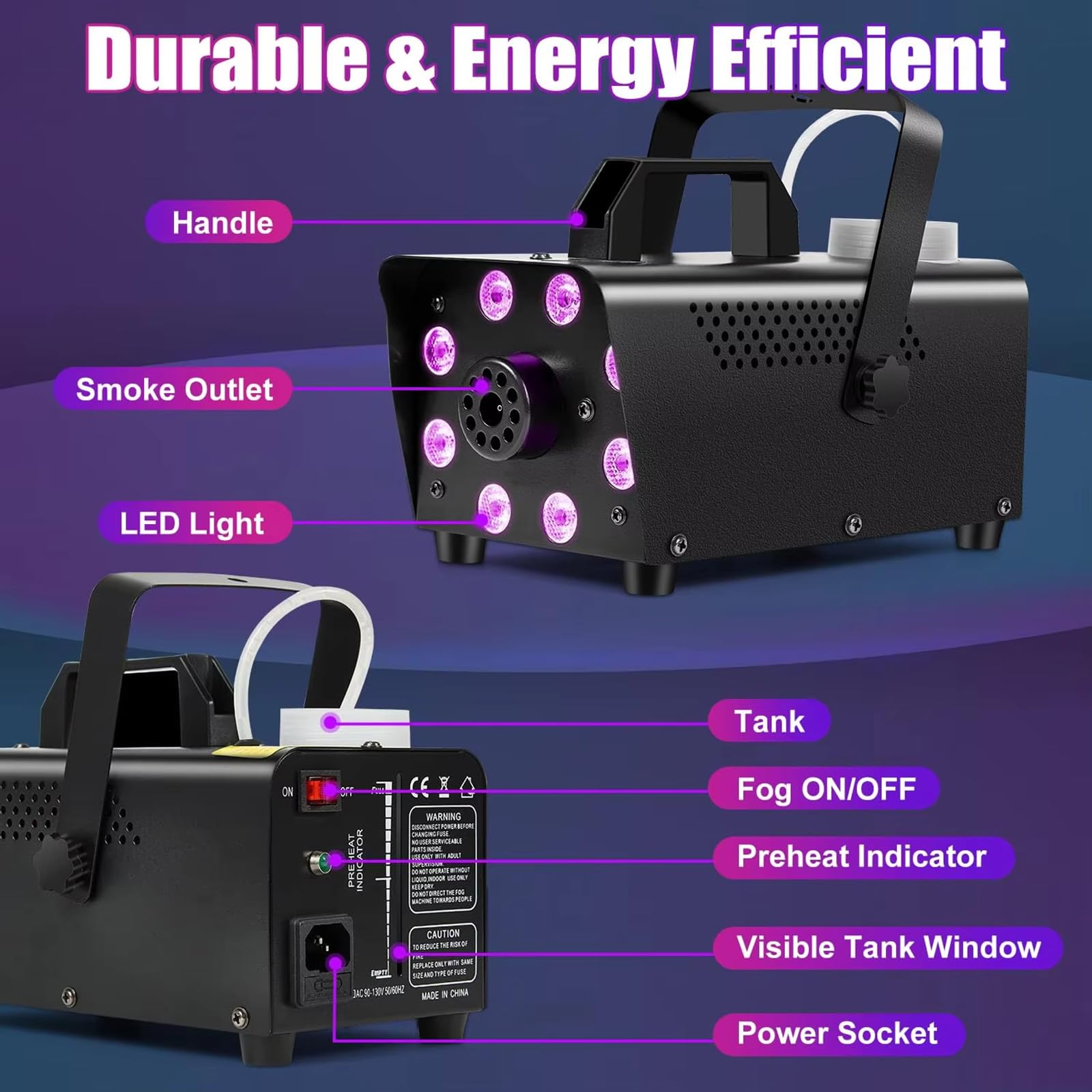 Máquina de humo, máquina de niebla con 8 luces LED con 13 colores y 4 efectos, niebla 2000 CFM 500 W pequeña máquina de niebla con controles remotos inalámbricos, para bodas de Navidad de Halloween
