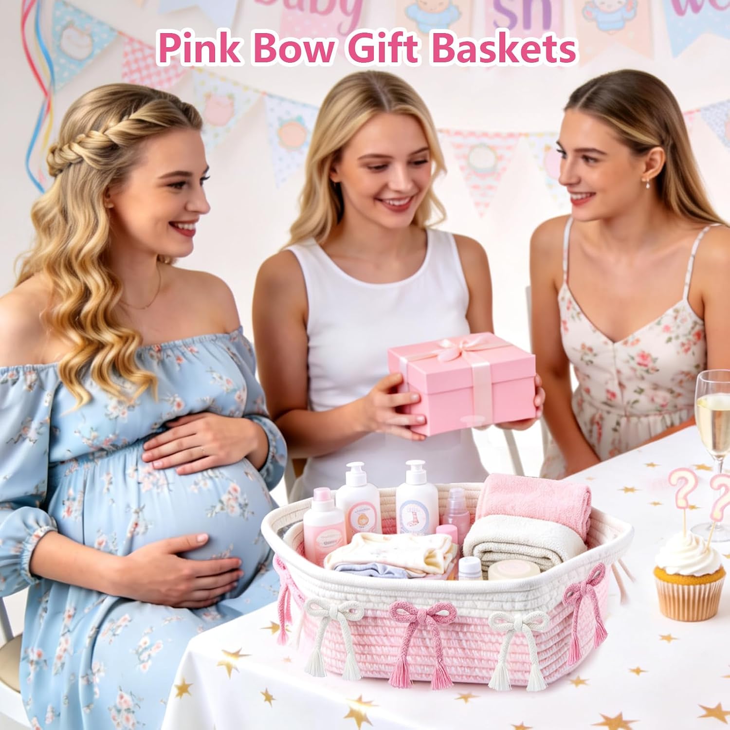 1PC Pink Bow Baskets for Gift Cute Coquette Woven Rope Storage Basket with Handle Laundry Hamper Storage Bins for Home Decor Organization Nursery Baby Shower, 11.8''x7.8''x4.7''