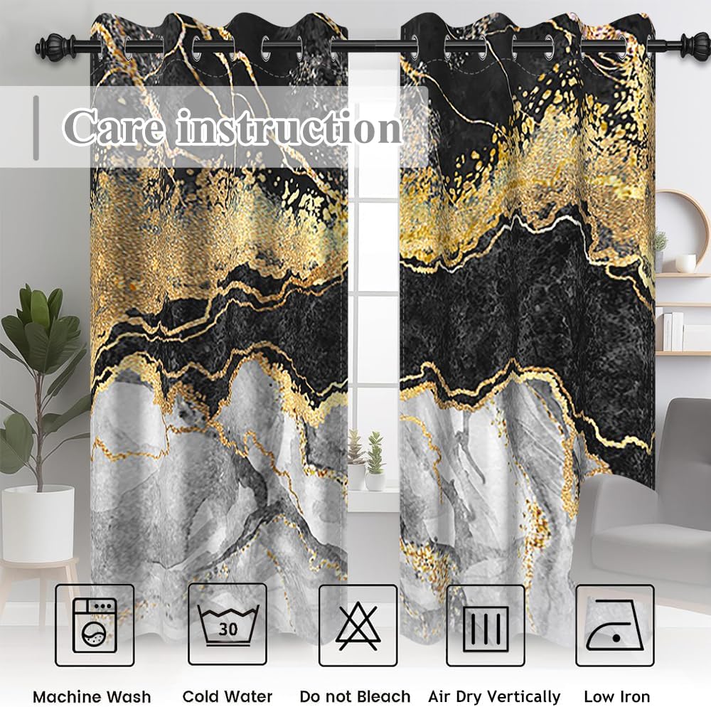 Blackout Curtains Black Grey Gold Marble Window Drapes Fluid Gold Foil Gothic Window Curtains Modern Abstract Art Window Treatments for Youth Living Room Bedroom Kitchen,21x45 inch,2 Panels
