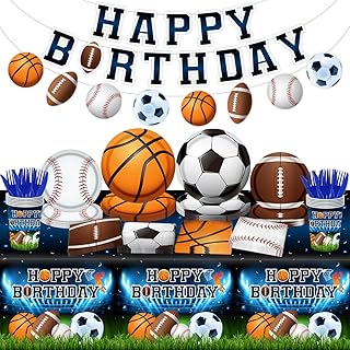 Sports Birthday Party Decorations-142Pcs Sports Theme Plates and Napkins Kit All Star Basketball Football Baseball Soccer Tableware Serves 20 Guests for Birthday Party
