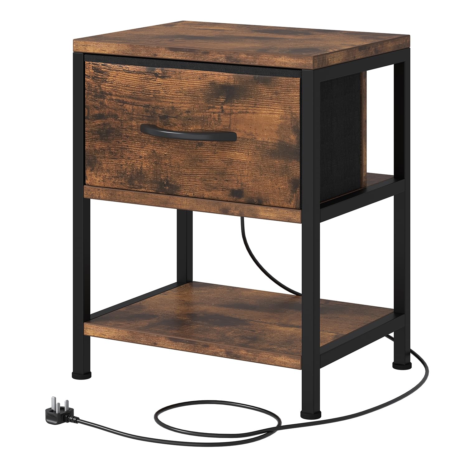 Feonase Slim Side Table with Charging Station, Narrow Bedside Table with Fabric Drawer & Storage, End Table for Living Room Bedroom Small Space, Rustic Brown, 40x30x50cm