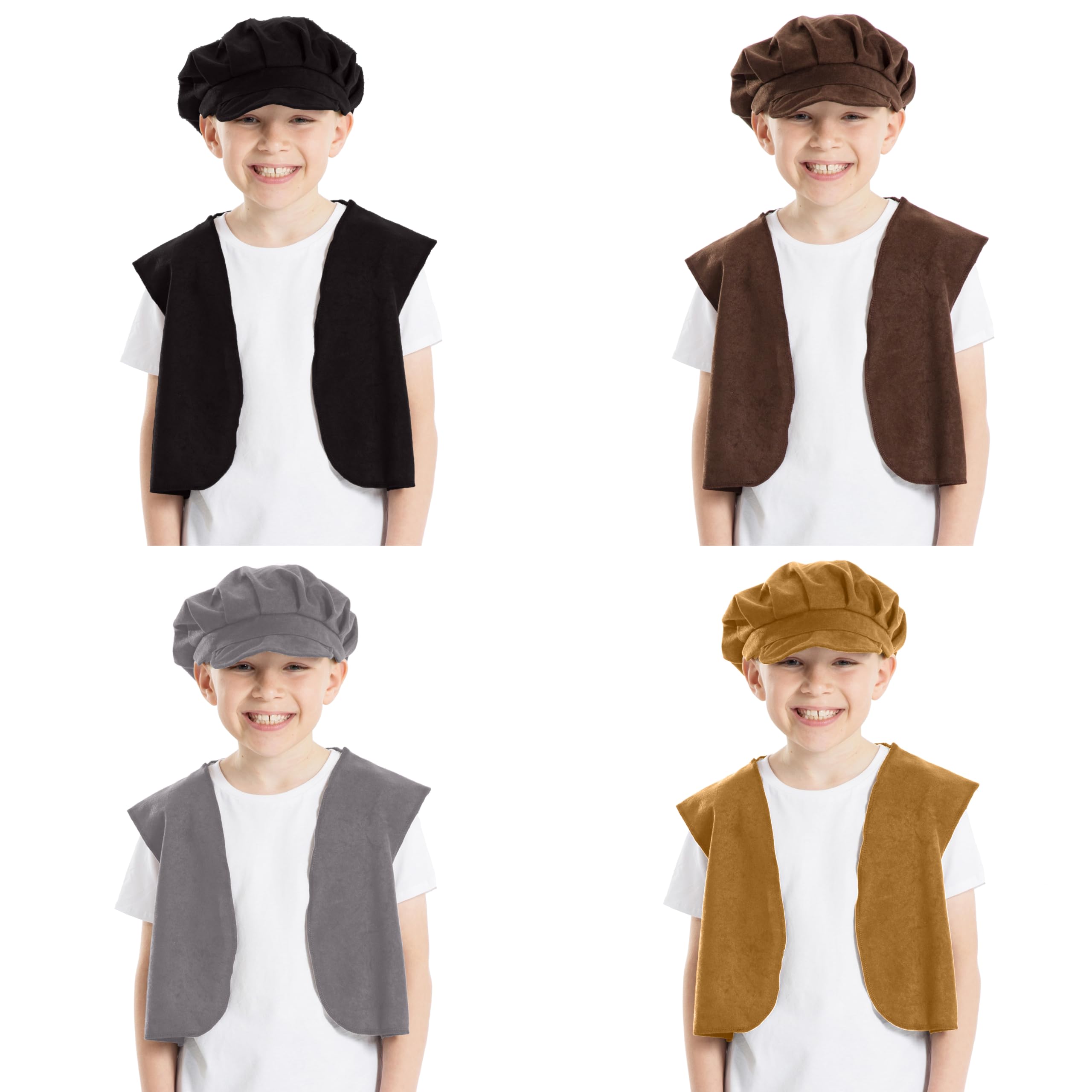 Charlie Crow Victorian Edwardian Urchin costume for kids, two-piece Flat Cap & Waistcoat set. Fits children 3-8 years old. Brown, Black, Grey, Light Brown