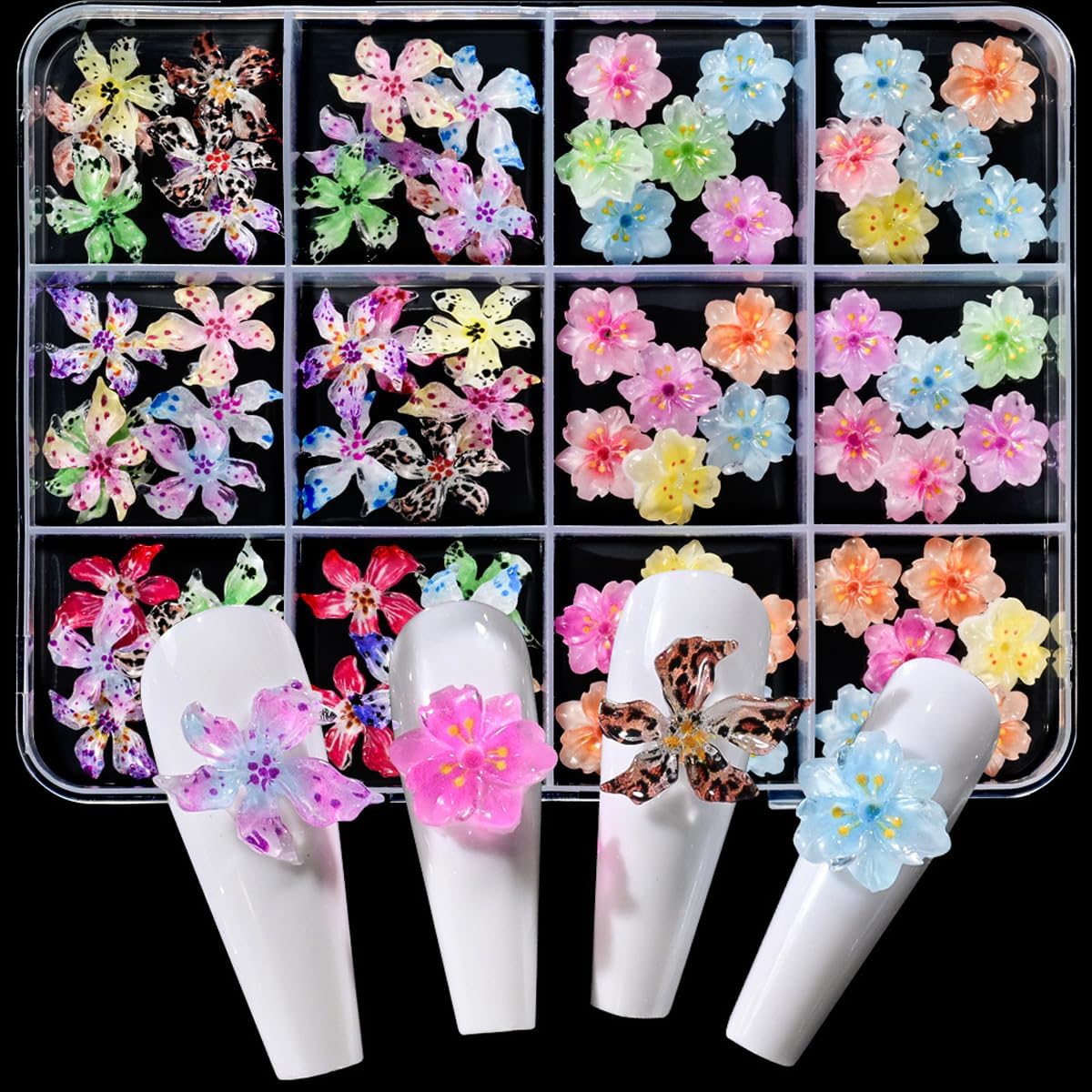 Flower Nail Art Charms - 3D Hawaii Flower Nail Rhinestones Floral Nail Gems Colorful Floral Nail Charms Summer Nail Diamonds Spring Nail Jewelry Tiny Flowers Nail Design for Women 1Boxes - 72Pcs