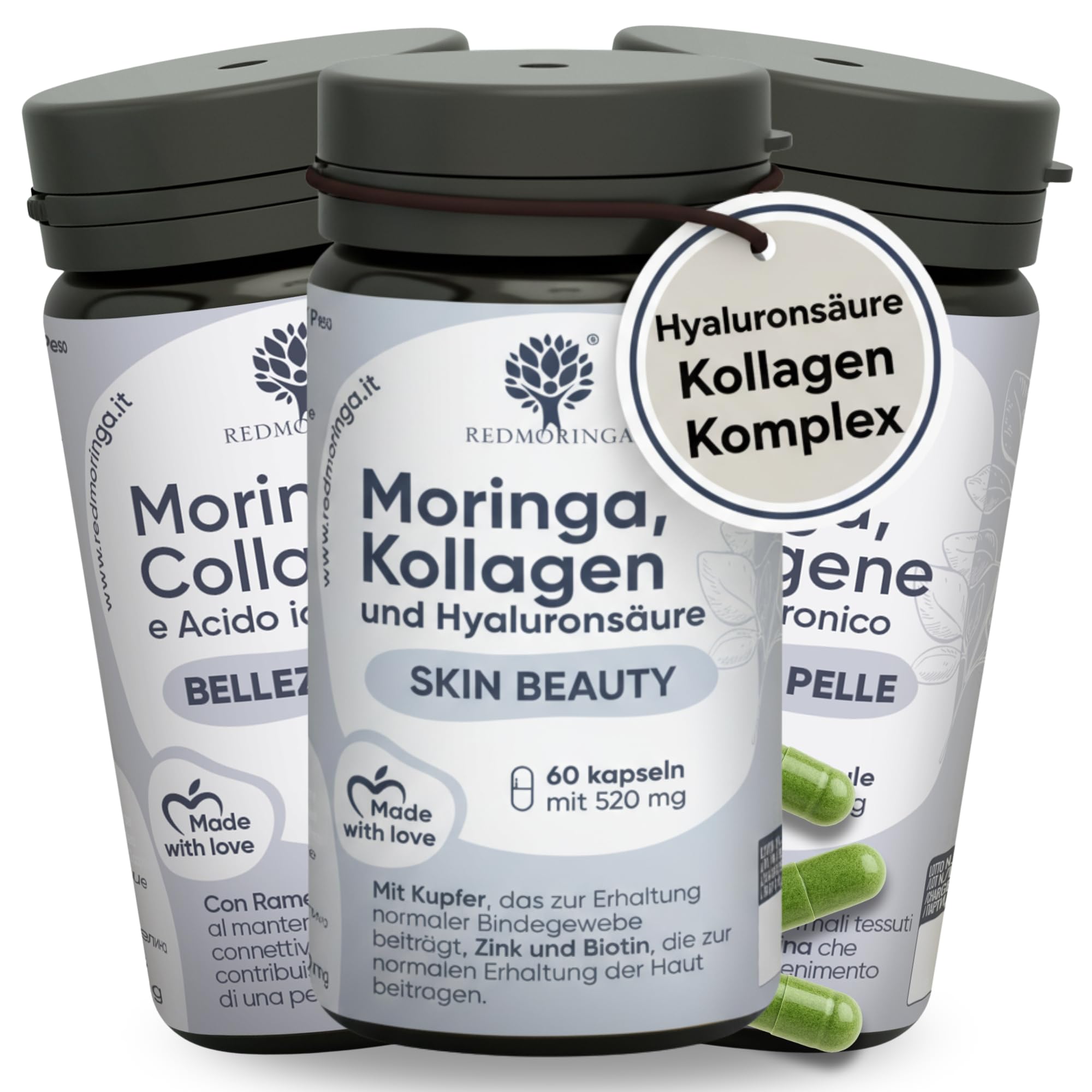 RedMoringa Hyaluronsäure Kollagen Kapseln Komplex + Bio Moringa Kapseln - 100% Tagesnorm von Kupfer, Zink, Biotin, Vitamin A, B2, B3, C - Marine Collagen Komplex - 180 Tage Vorrat