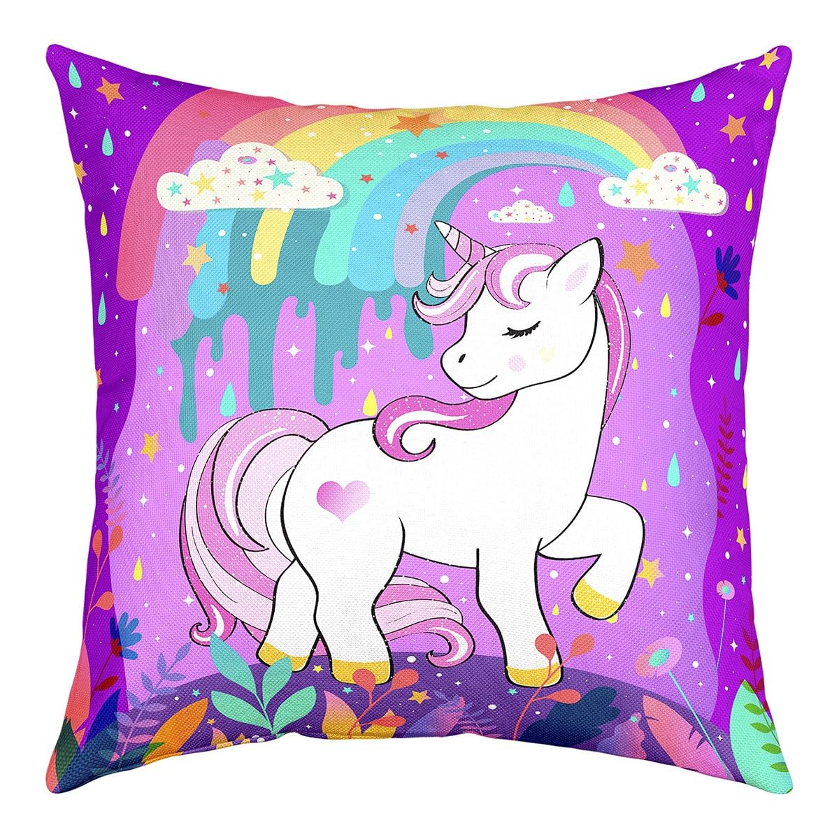 Cute Rainbow Unicorn Throw Pillow Covers 16"x16" Set of 4 Cute Unicorn Pillow Case Pillowcase for Sofa Bed Chair Car Galaxy Cushion Cover Purple Dreamy Horse Printed Outdoor Pillows Covers
