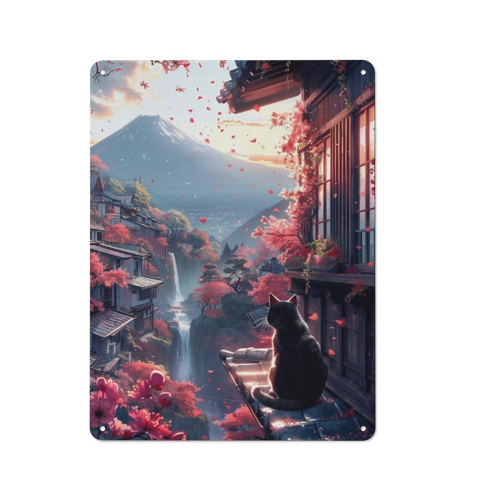 Junmoney Cute Cat Serenity Scenery Metal Wall Sign 40X30cm Featuring For Garage Wall, A Housewarming Gift For People Furnishing A Garage