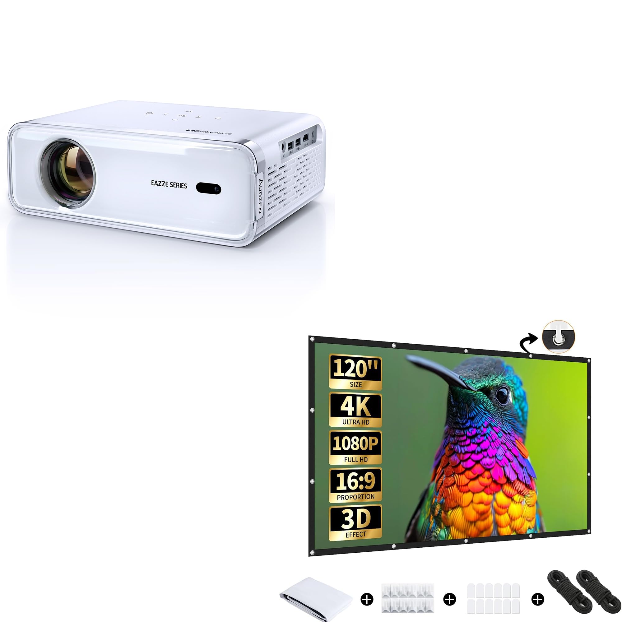 Eazze D1 Smart Projector with 120" Portable Projector Screen, Netflix-Officially-Licensed, Auto Focus & Keystone, DoIby Audio, Zoom, Native 1080P Movie