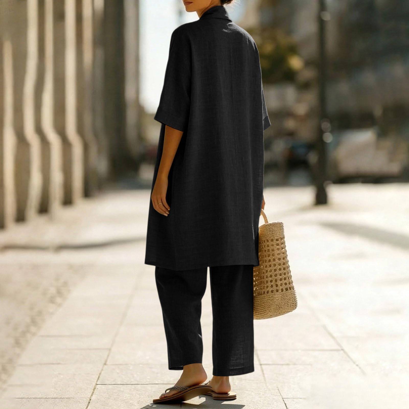 Ensemble 3 Pièces En Lin Pour Femme,Cardigan Ouverte Et Débardeur Et Pantalon Large,Tenue Décontractée Confortable Et Respirante Casual Outfits Set Grande Taille Jogging Ensemble De Plage