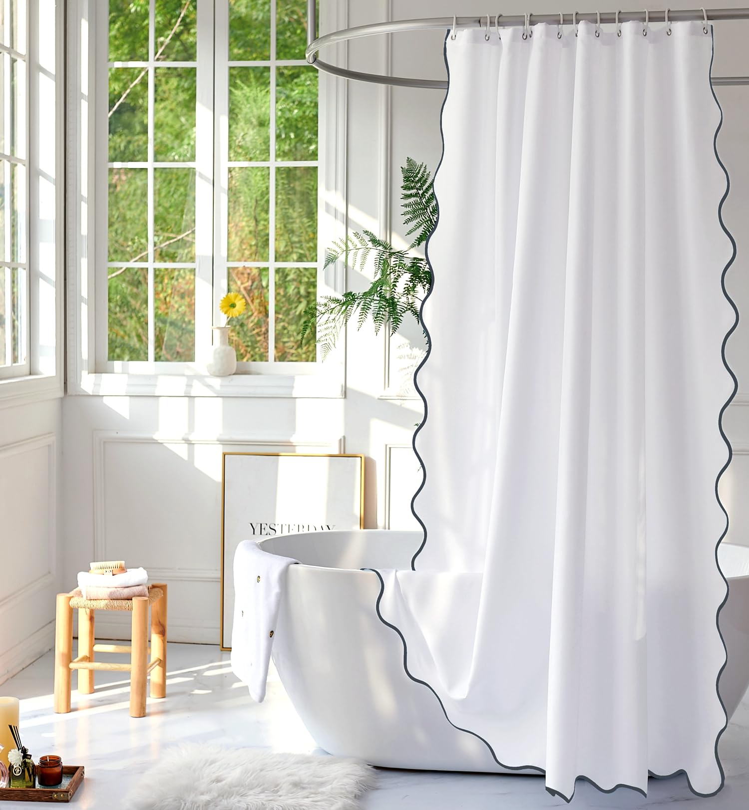 youngseahome White Fabric with Grey Scalloped Border Shower Curtain,Boho Chic Cloth Shower Curtain for Bathroom Showers,72 x 72 Inches