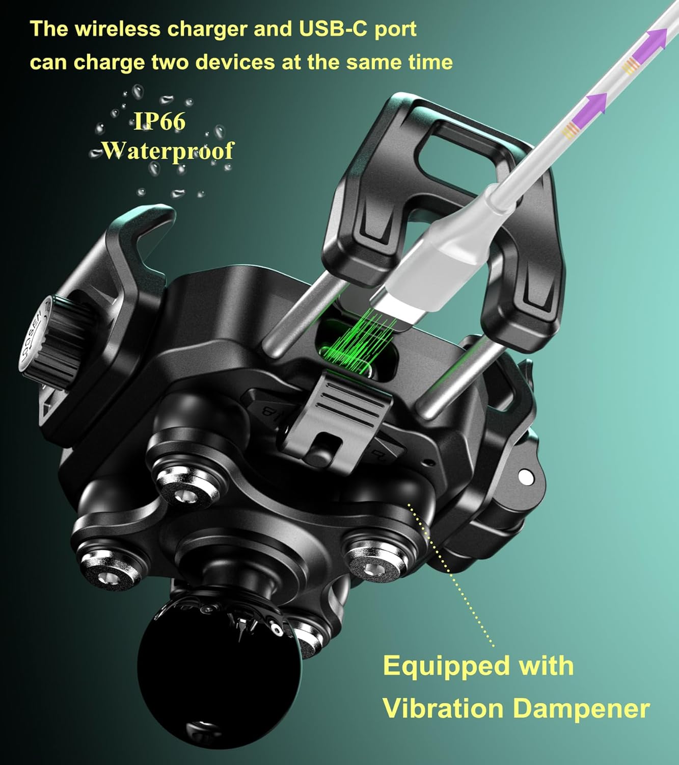 BRCOVAN Motorcycle Fork Stem Phone Mount Holder with Qi 15W Wireless Charger & 36W PD/USB-C Fast Charging Port, Anti-Theft, with Vibration Dampener, 1s Lock & Release, Camera Friendly, Adjustable Size