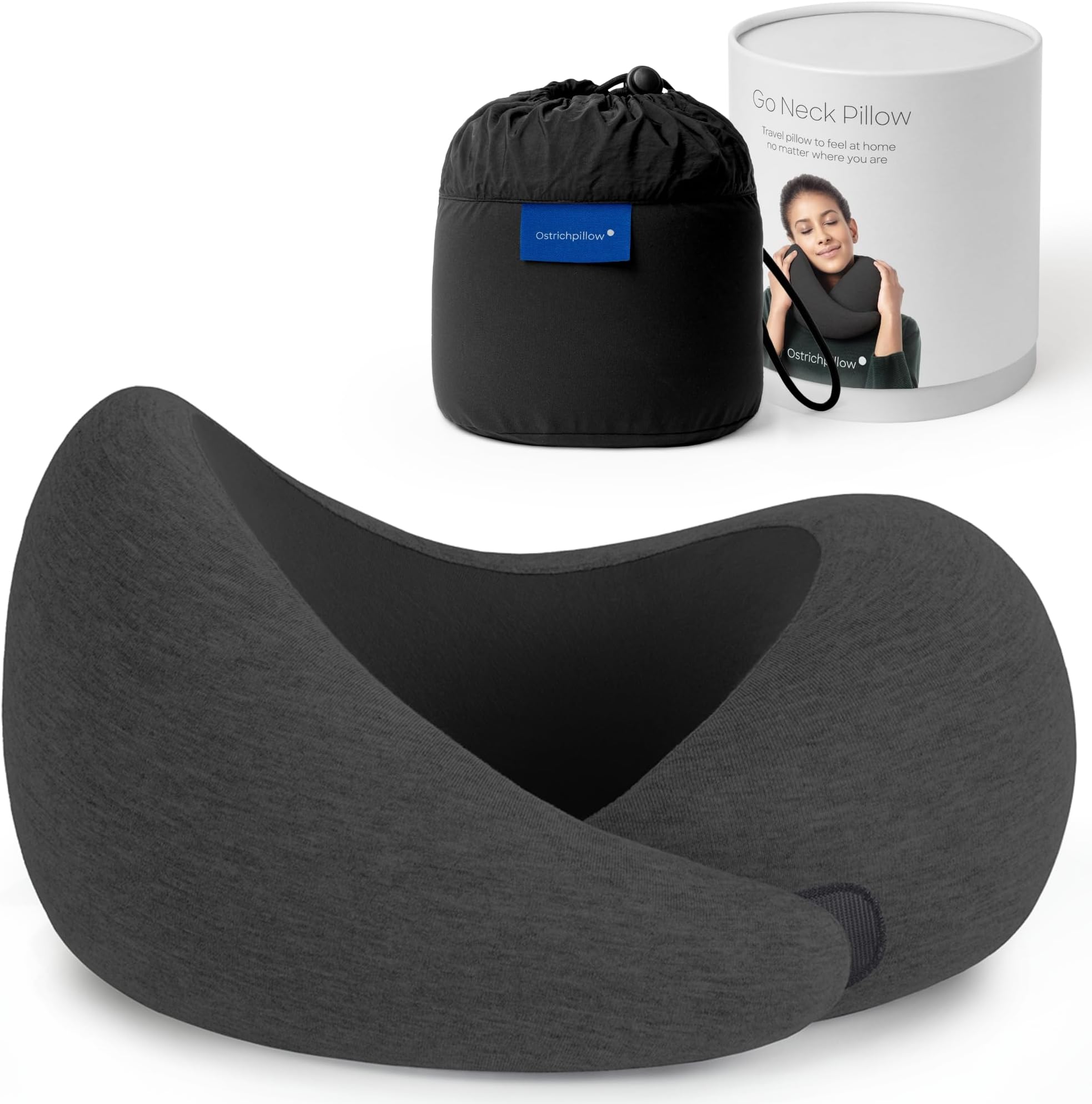 Ostrichpillow Go Neck Pillow - Premium Memory Foam Travel Pillow, 360º Ergonomic Design, Asymmetrical Sides, Travel Bag Included, Washable Modal Cover